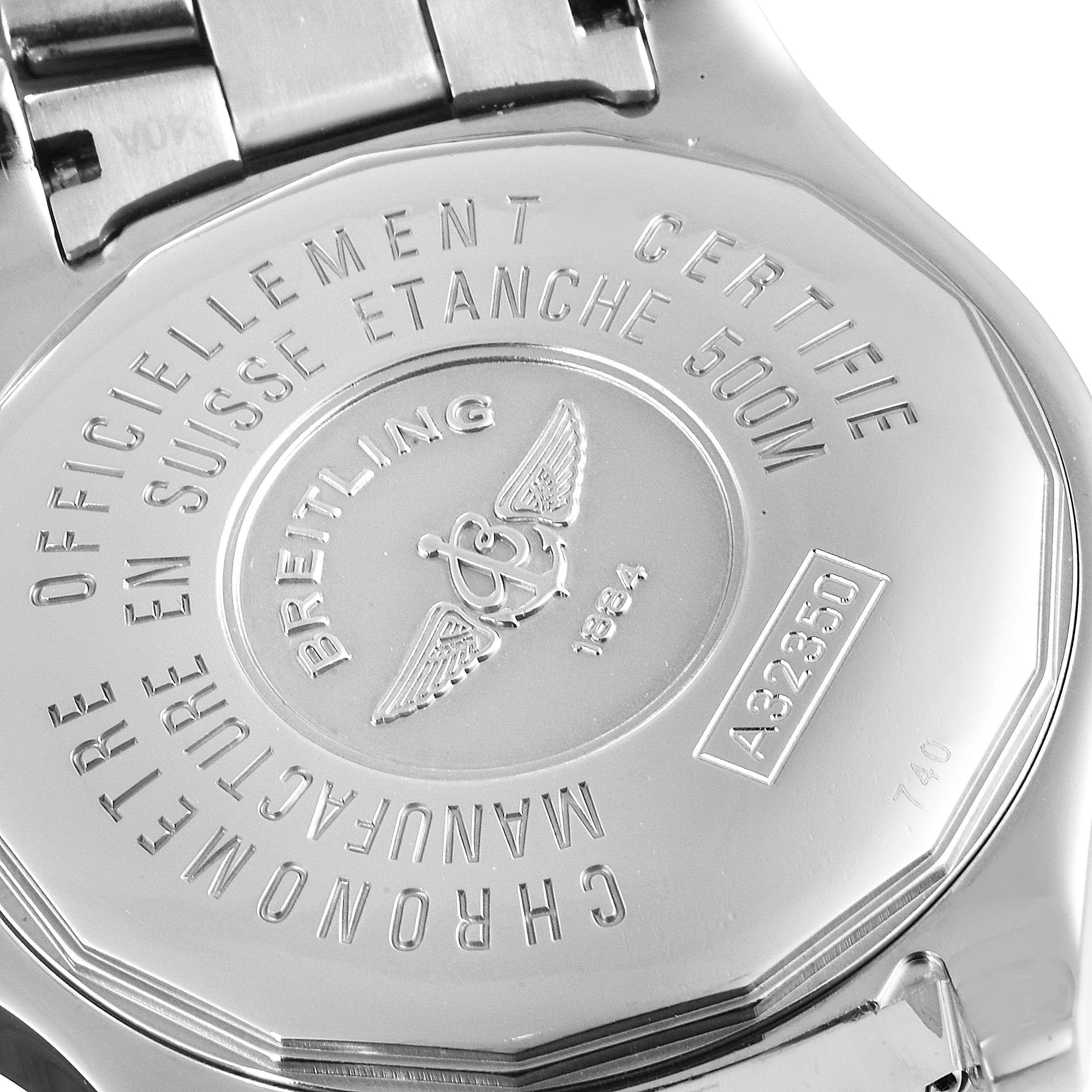This image shows the back case of a Breitling Colt A32350 Men
s Stainless Steel Silver Dial A32350 Men
s Stainless Steel Silver Dial watch, highlighting engravings and part of the metal bracelet.