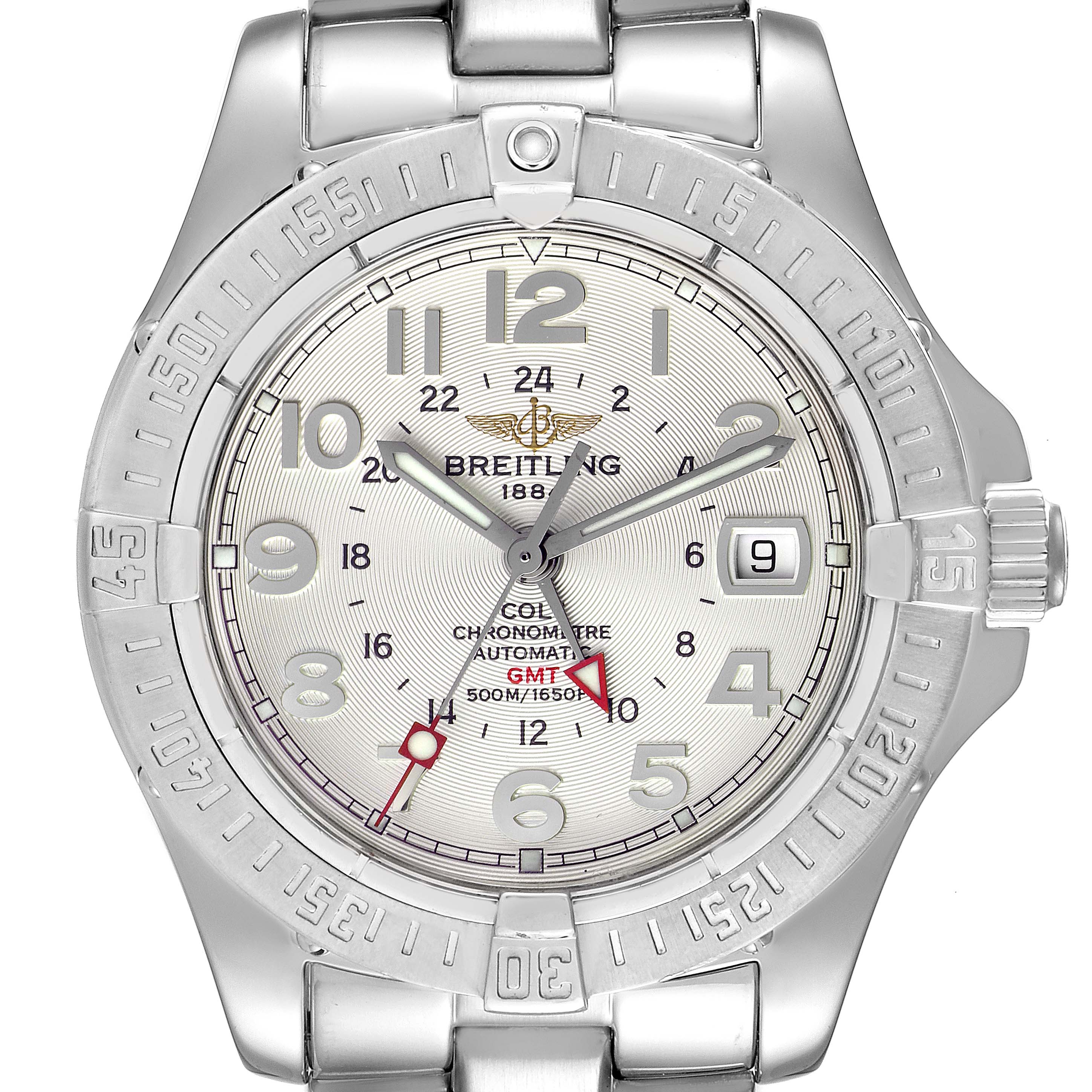 The image shows a front view of a Breitling Colt A32350 Men
s Stainless Steel Silver Dial A32350 Men
s Stainless Steel Silver Dial watch, displaying its face, bezel, and part of the bracelet.
