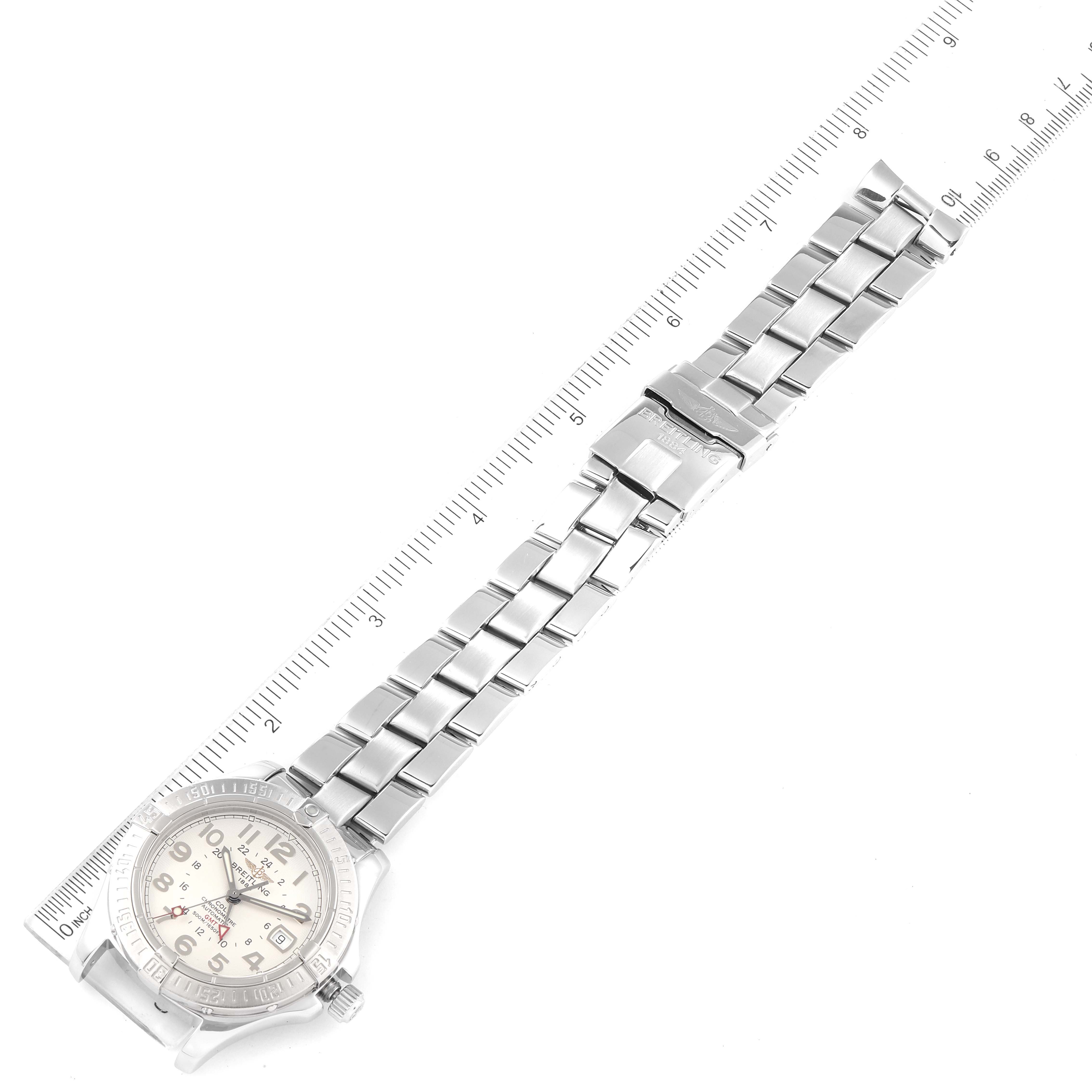 The Breitling Colt A32350 Men
s Stainless Steel Silver Dial A32350 Men
s Stainless Steel Silver Dial watch is photographed from above, displaying its full length and detailed view of the dial and bracelet.