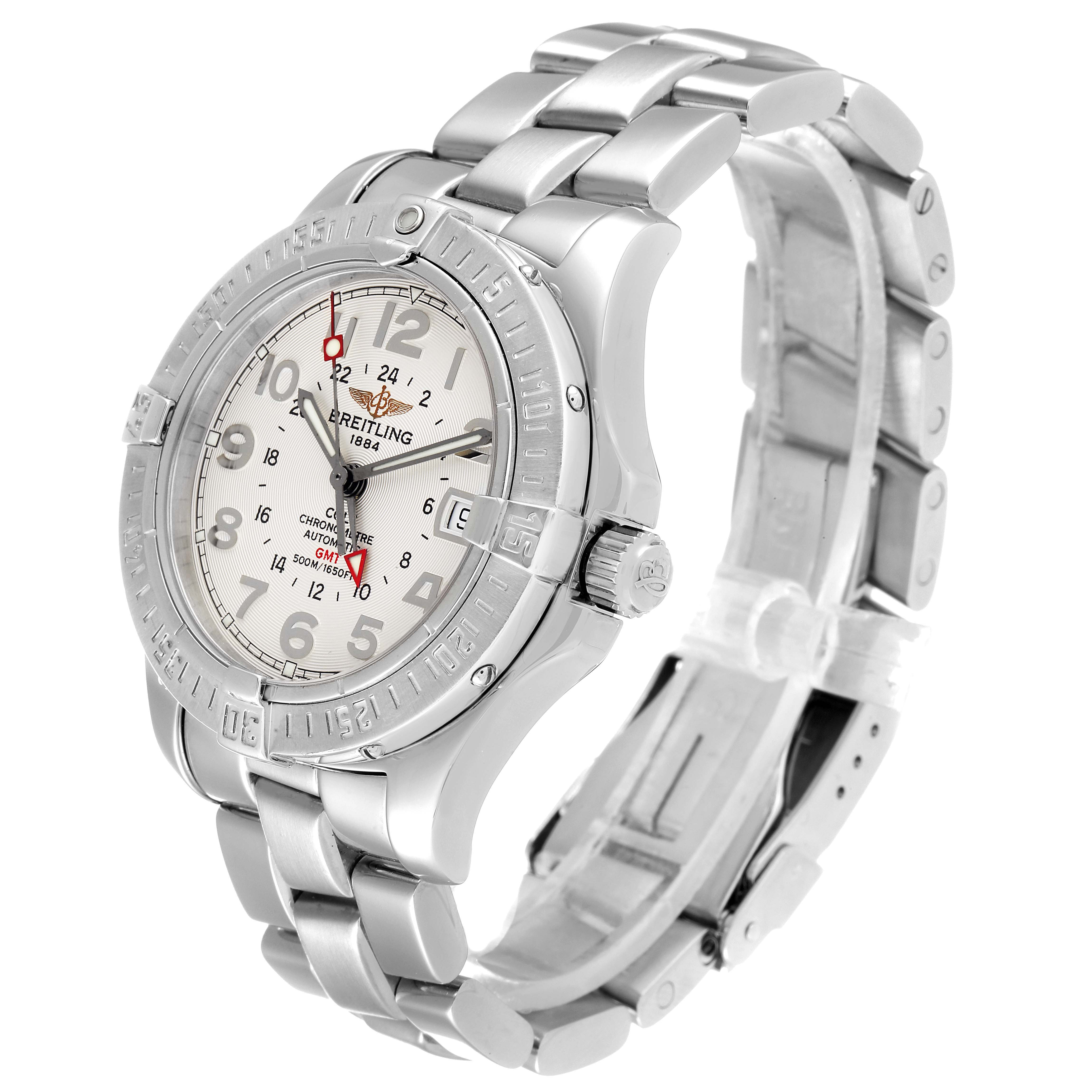 The image shows a side-angle view of a Breitling Colt A32350 Men
s Stainless Steel Silver Dial A32350 Men
s Stainless Steel Silver Dial watch, highlighting the face, bezel, and metal bracelet.