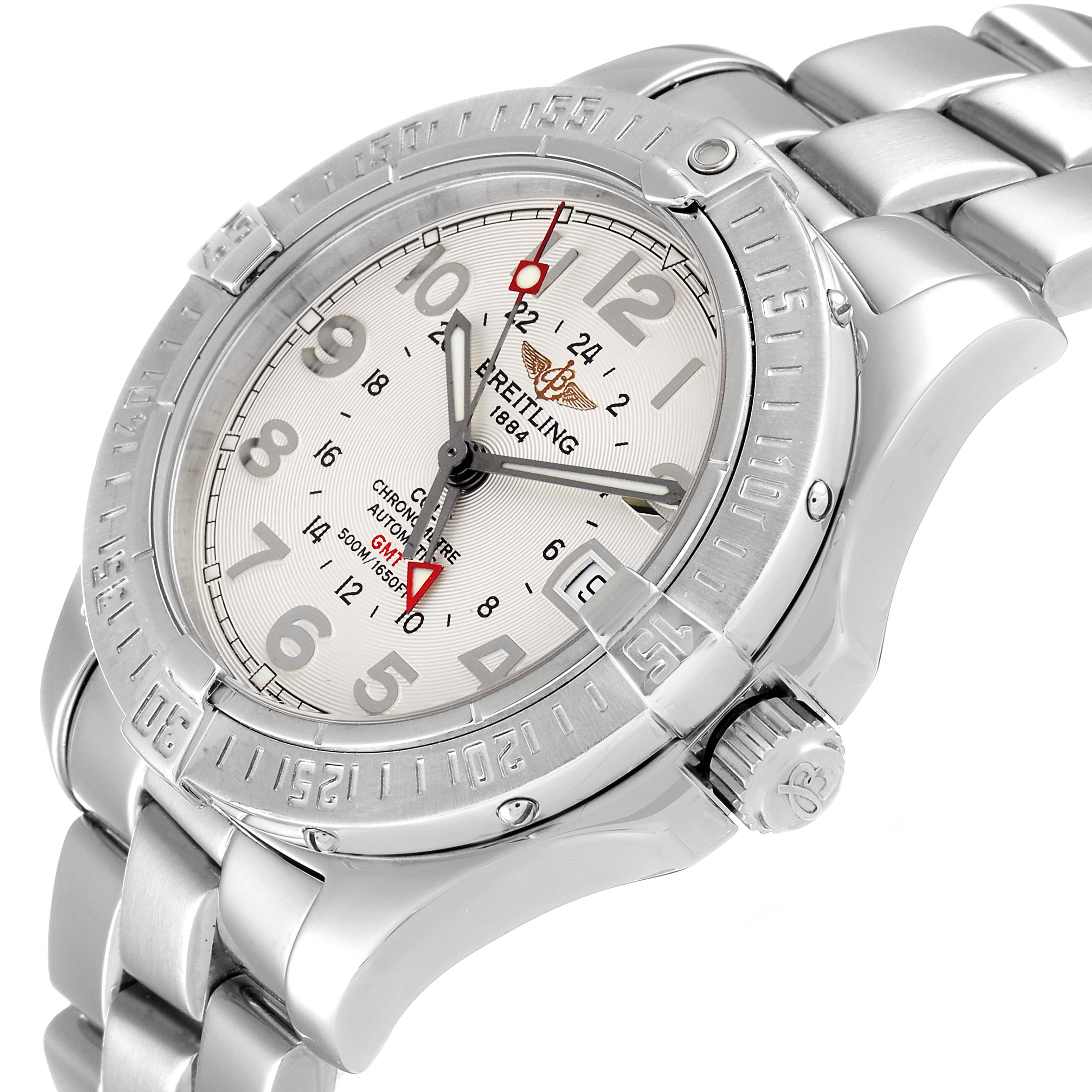 The image shows a Breitling Colt A32350 Men
s Stainless Steel Silver Dial A32350 Men
s Stainless Steel Silver Dial watch from a side angle, highlighting the face, bezel, and part of the metal bracelet.