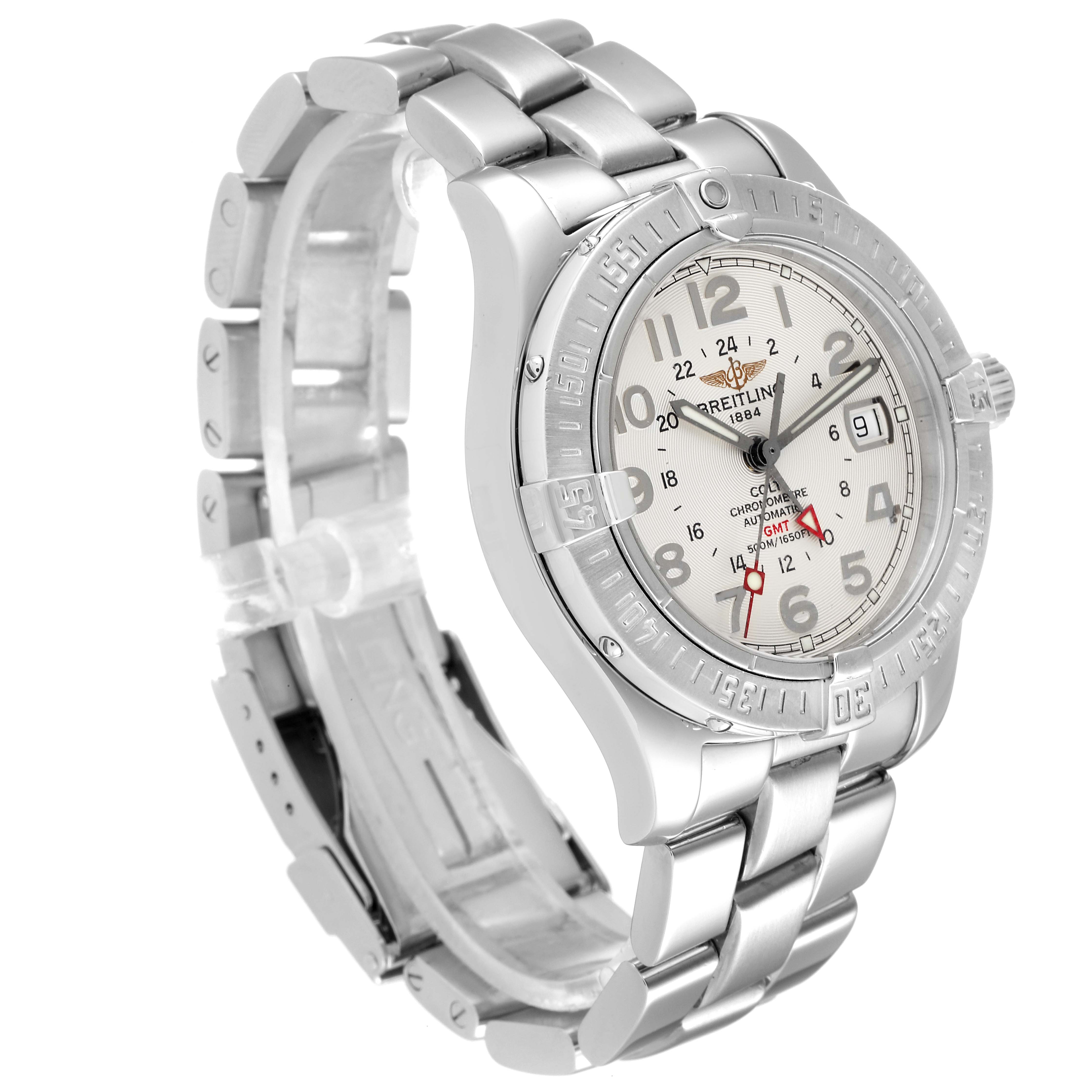 This image features a Breitling Colt A32350 Men
s Stainless Steel Silver Dial A32350 Men
s Stainless Steel Silver Dial watch angled to show the face, band, and case sides.