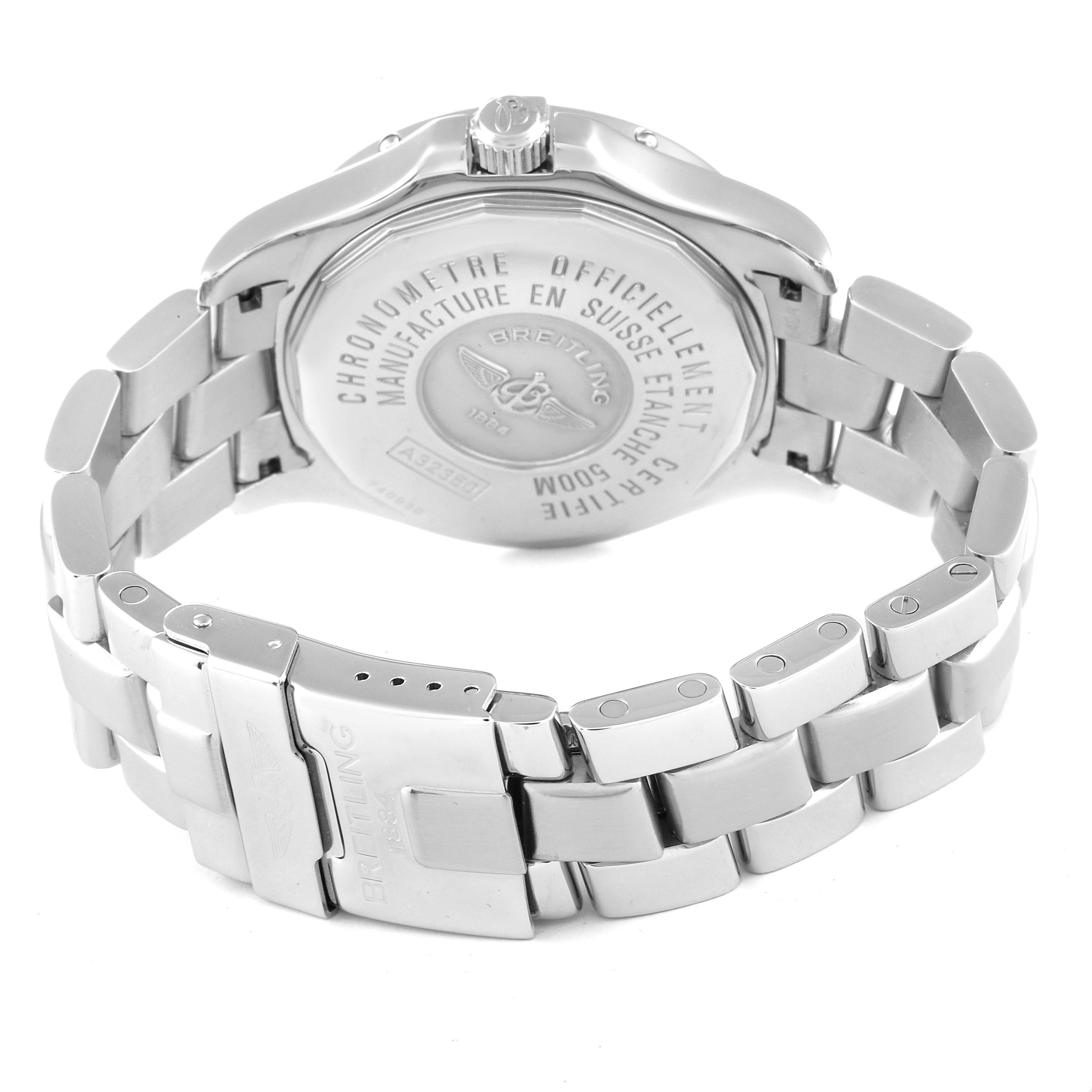 This image shows the back case, crown, and bracelet of the Breitling Colt A32350 Men
s Stainless Steel Silver Dial A32350 Men
s Stainless Steel Silver Dial watch.