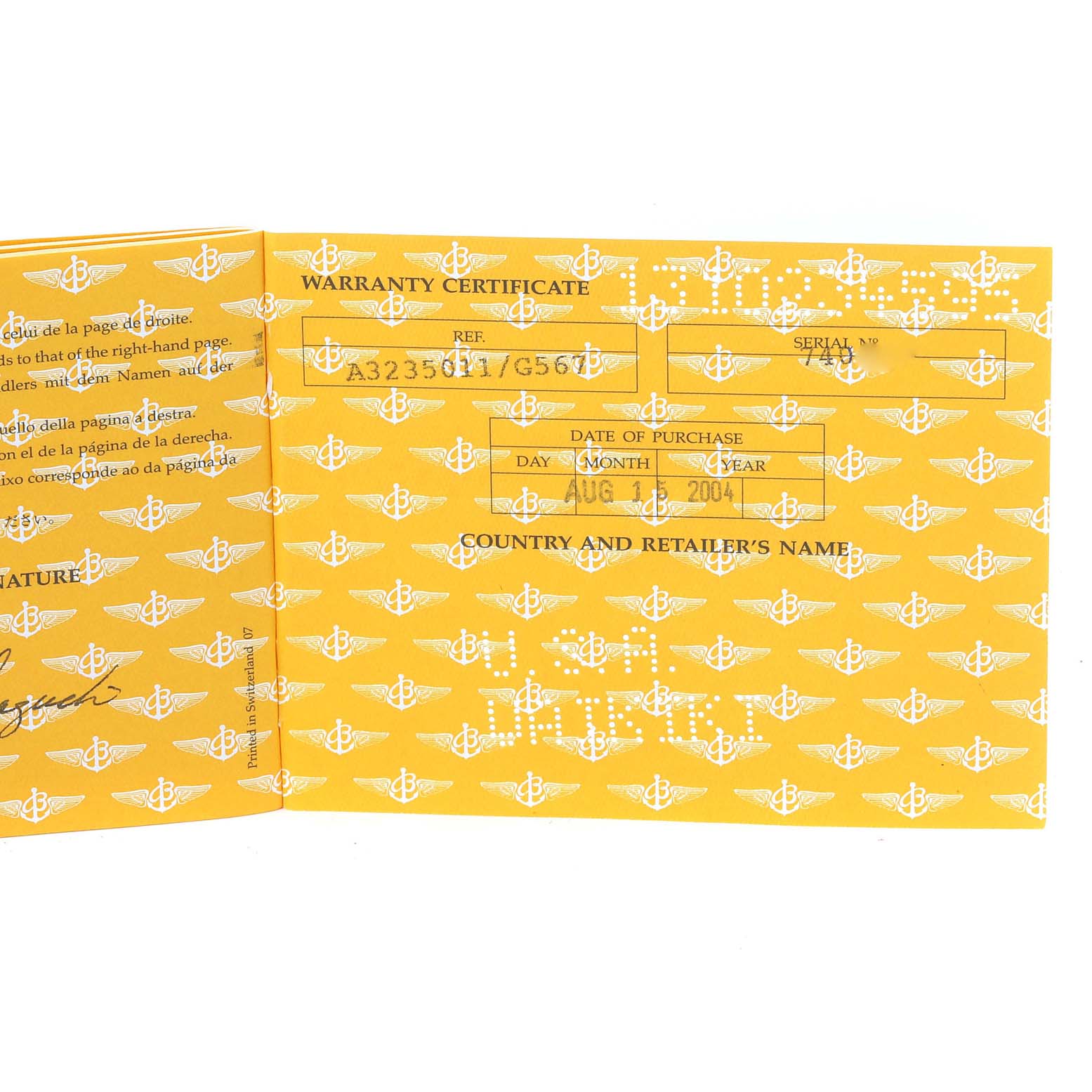 The image shows the warranty certificate for the Breitling Colt A32350 Men
s Stainless Steel Silver Dial A32350 Men
s Stainless Steel Silver Dial watch, dated August 14, 2004.