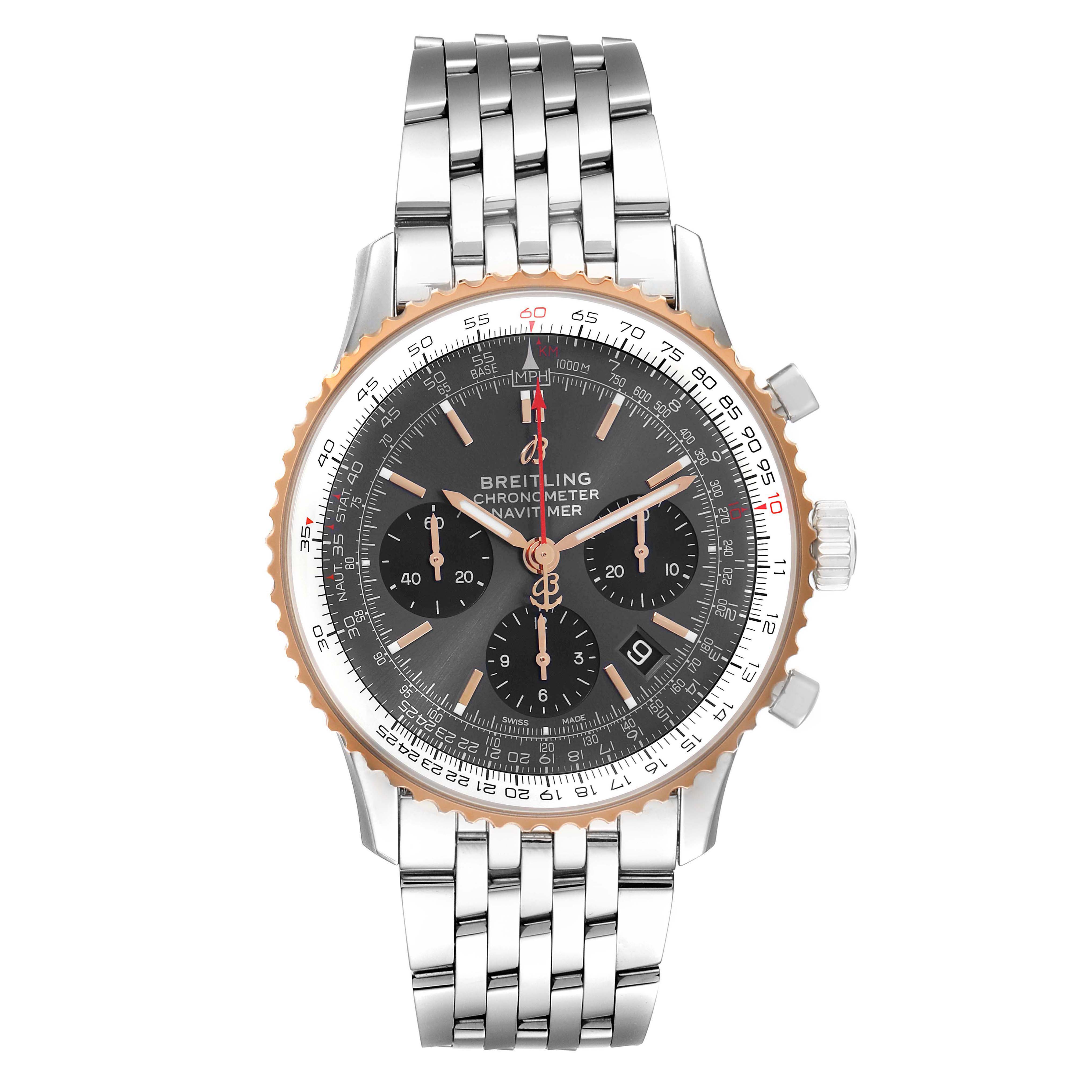 The image shows a Breitling Navitimer UB0121 Men's Steel and Gold (two tone) Grey Dial UB0121 Men's Steel and Gold (two tone) Grey Dial watch from a front view, highlighting its dial, bezel, and metal bracelet.