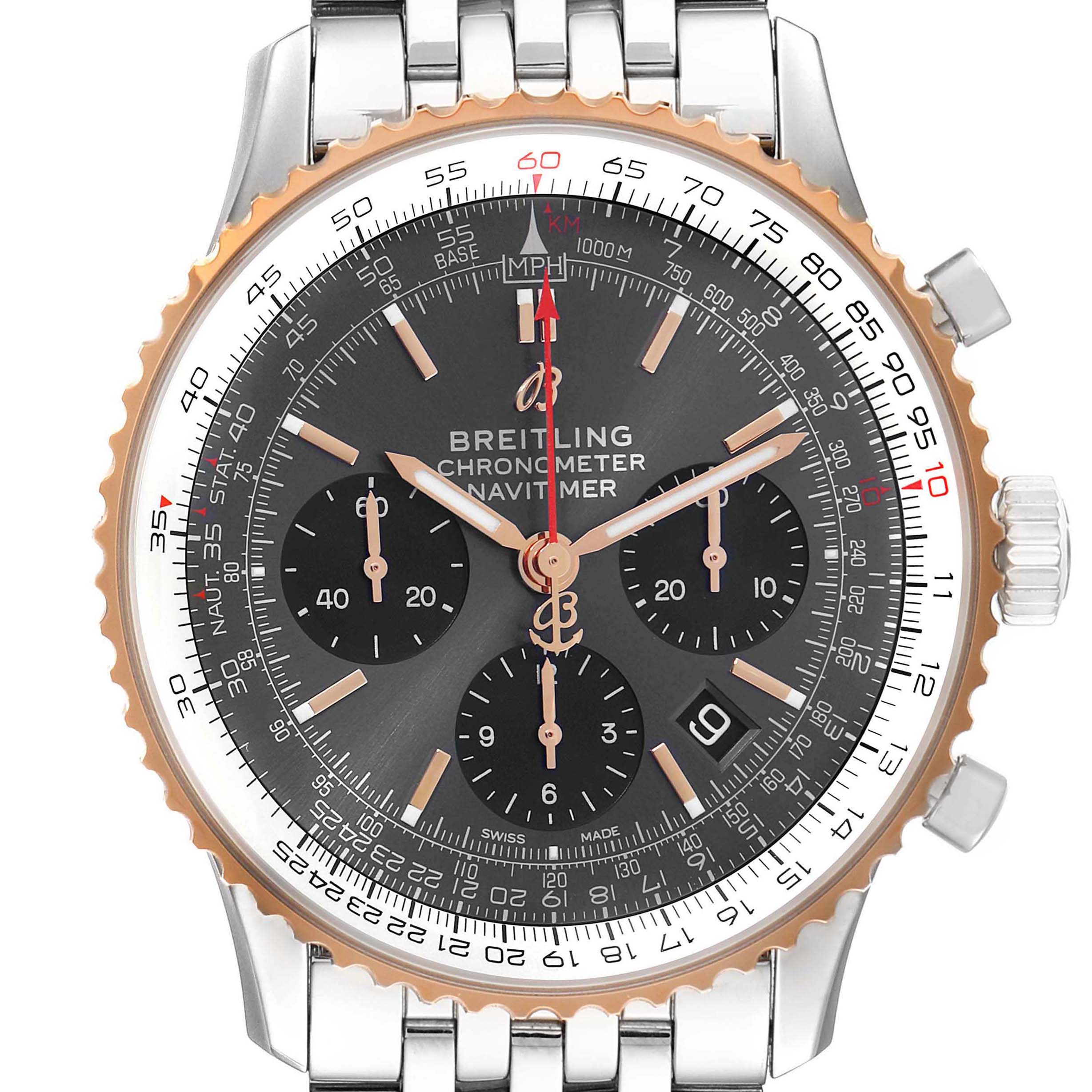 The image shows a close-up of the Breitling Navitimer UB0121 Men's Steel and Gold (two tone) Grey Dial UB0121 Men's Steel and Gold (two tone) Grey Dial watch face, including the bracelet, bezel, crown, and chronograph sub-dials.