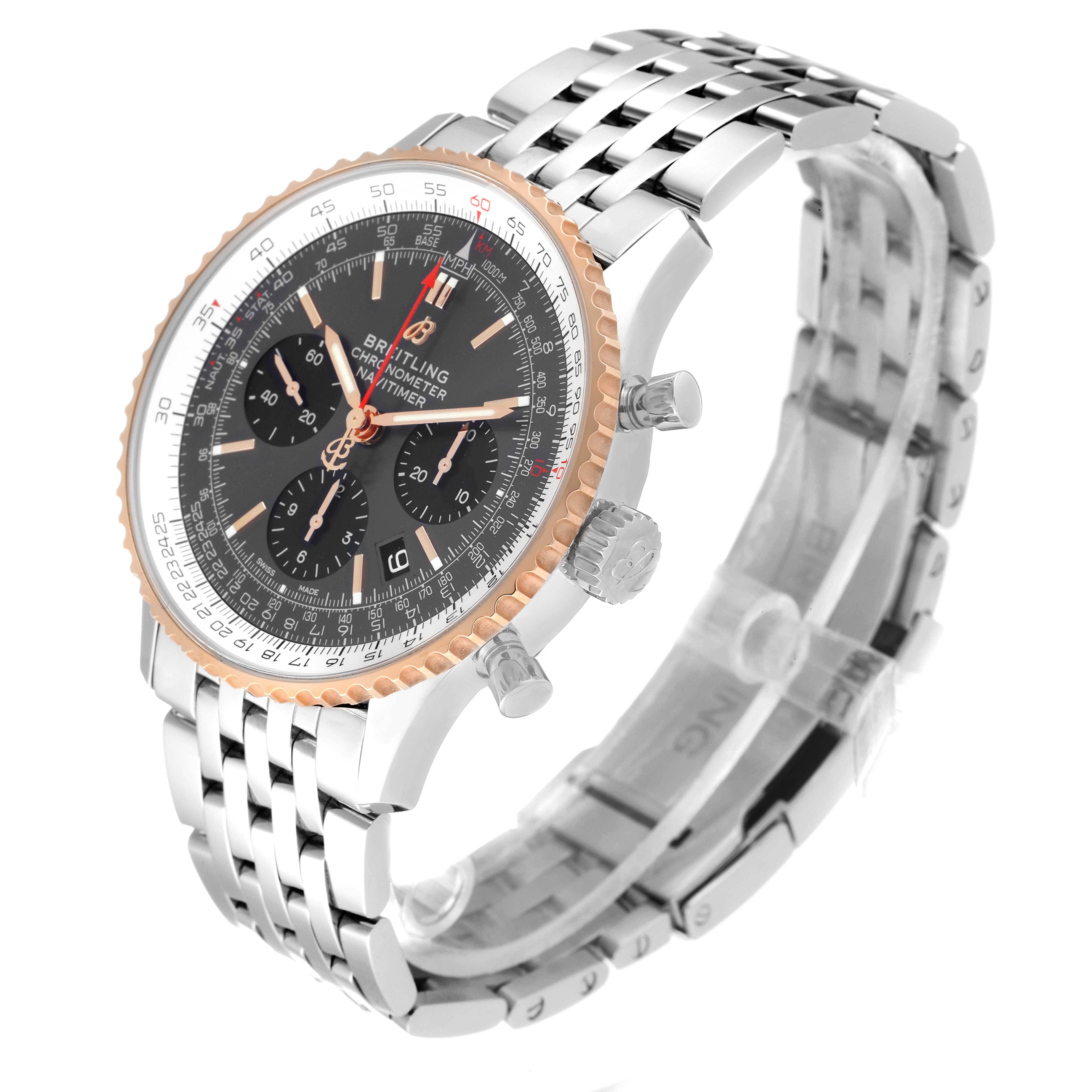 The image shows a Breitling Navitimer UB0121 Men's Steel and Gold (two tone) Grey Dial UB0121 Men's Steel and Gold (two tone) Grey Dial watch at an angle displaying its dial, bezel, case, and bracelet.
