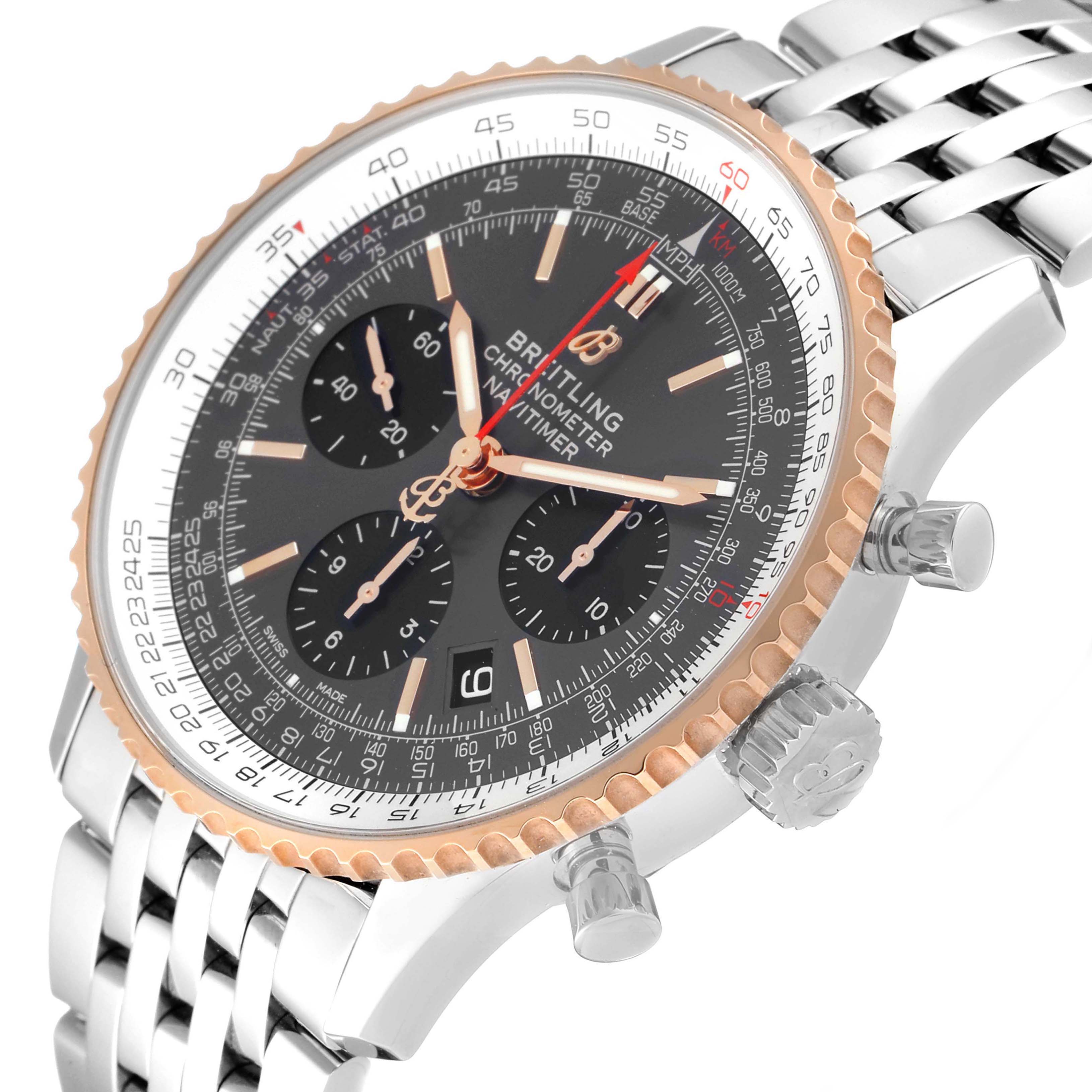 The image shows a side angle of the Breitling Navitimer UB0121 Men's Steel and Gold (two tone) Grey Dial UB0121 Men's Steel and Gold (two tone) Grey Dial watch, highlighting its face, bezel, crown, and part of the bracelet.