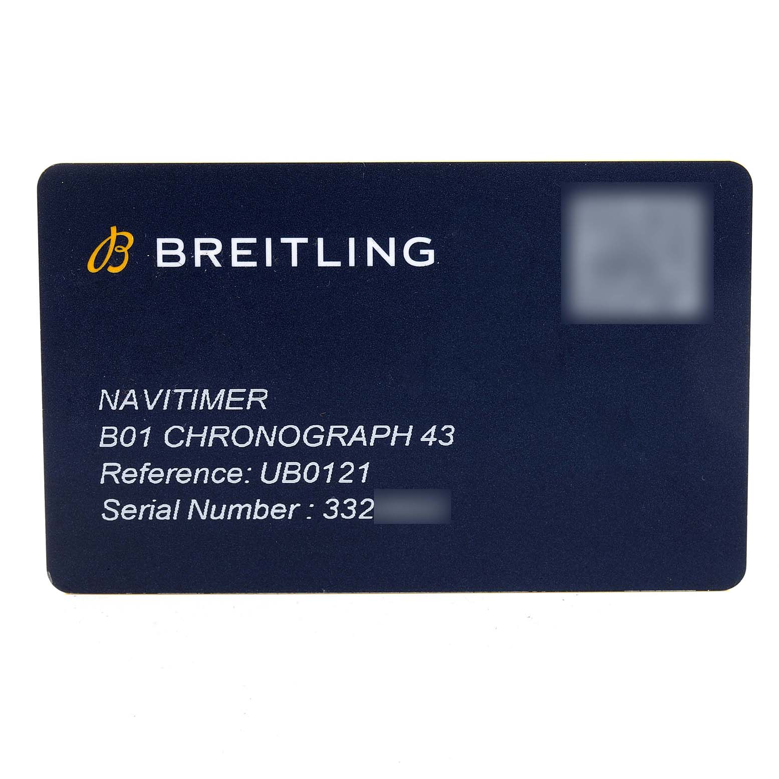 The image shows a card with model details of the Breitling Navitimer UB0121 Men's Steel and Gold (two tone) Grey Dial UB0121 Men's Steel and Gold (two tone) Grey Dial B01 Chronograph 43, including the reference number and serial number.