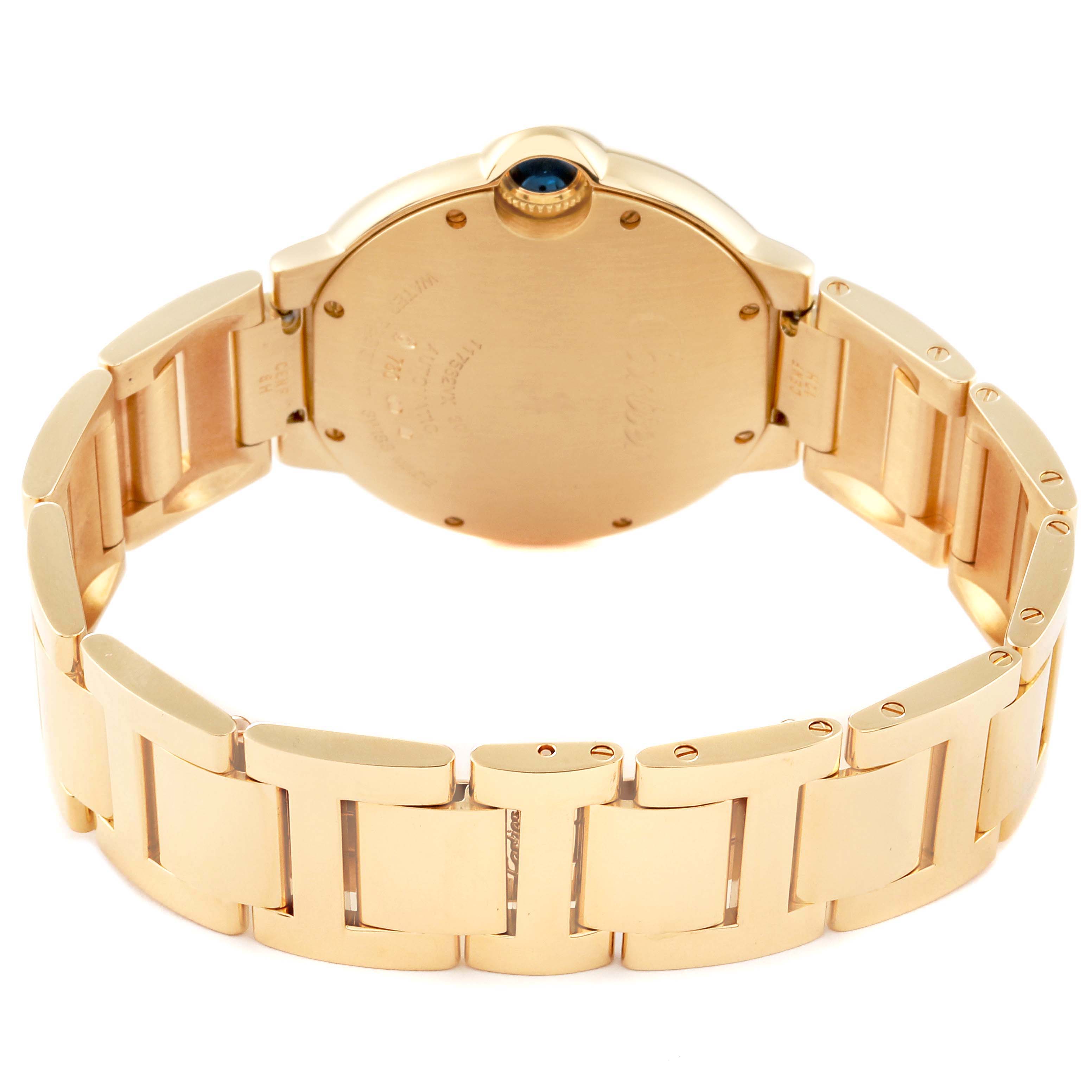 The image shows the back view of a Cartier Ballon Bleu W69003Z2 Men's Yellow Gold Silver Dial W69003Z2 Men's Yellow Gold Silver Dial watch, highlighting the case back and metal bracelet.