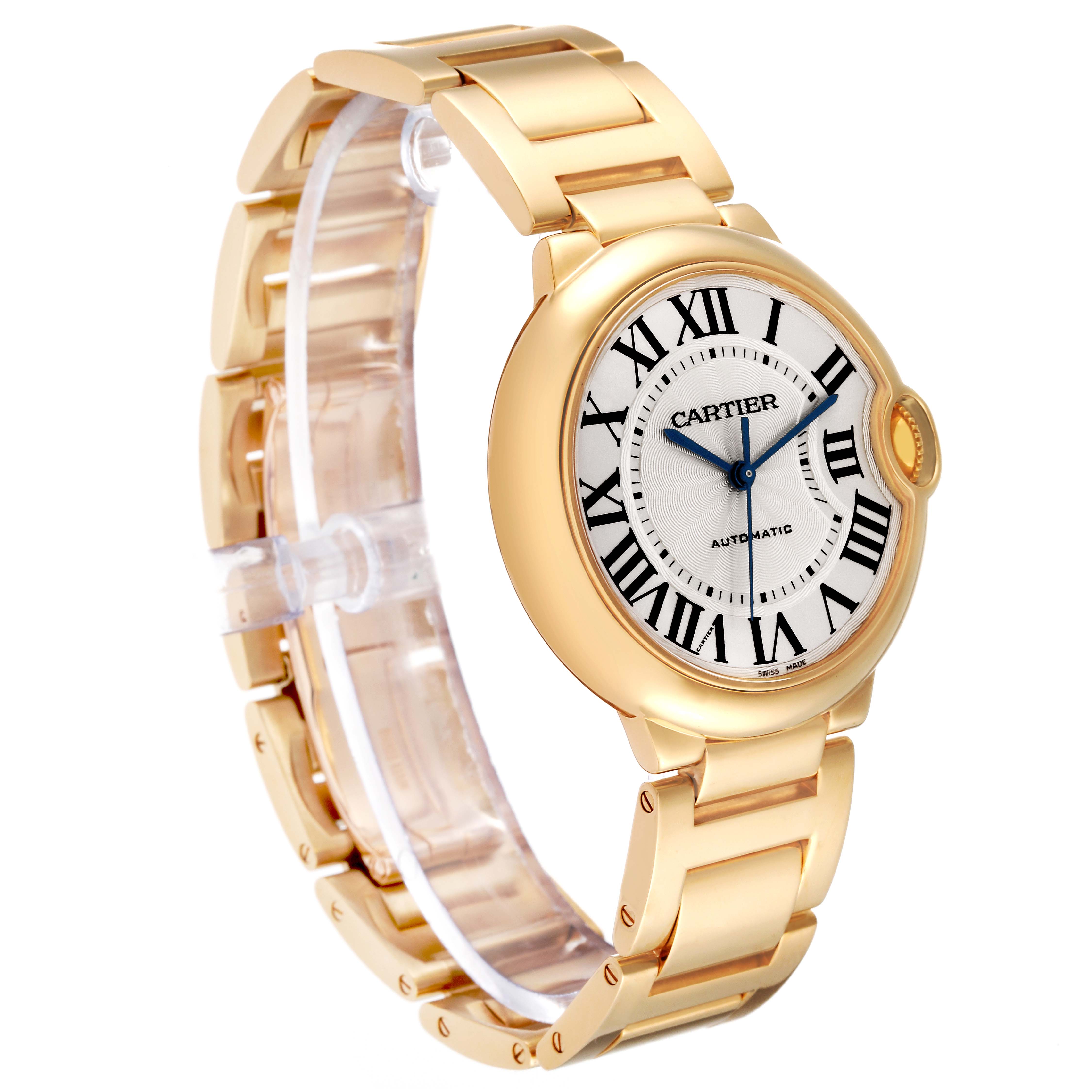 The Cartier Ballon Bleu W69003Z2 Men's Yellow Gold Silver Dial W69003Z2 Men's Yellow Gold Silver Dial watch is shown at an angle highlighting its gold bracelet, round case, and Roman numeral dial.