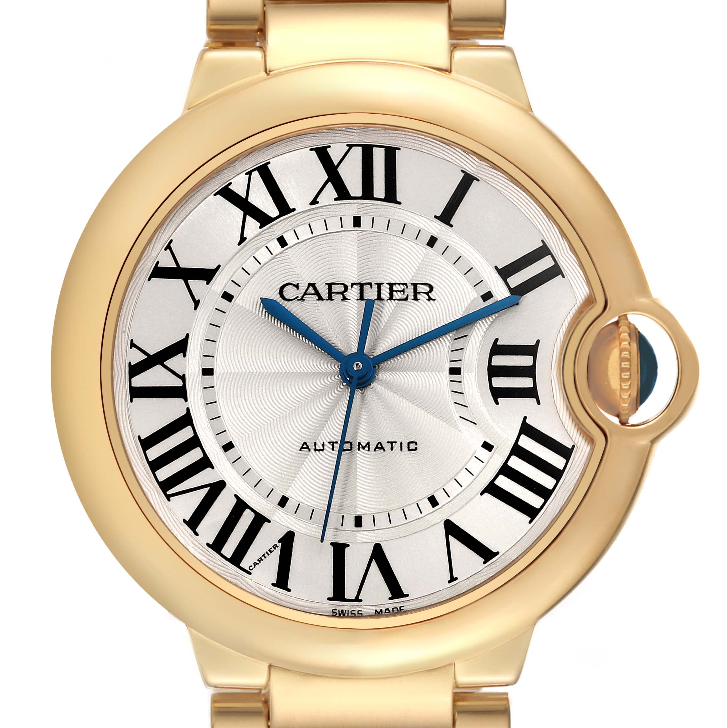This image shows a close-up of the face and part of the bracelet of a Cartier Ballon Bleu W69003Z2 Men's Yellow Gold Silver Dial W69003Z2 Men's Yellow Gold Silver Dial watch.