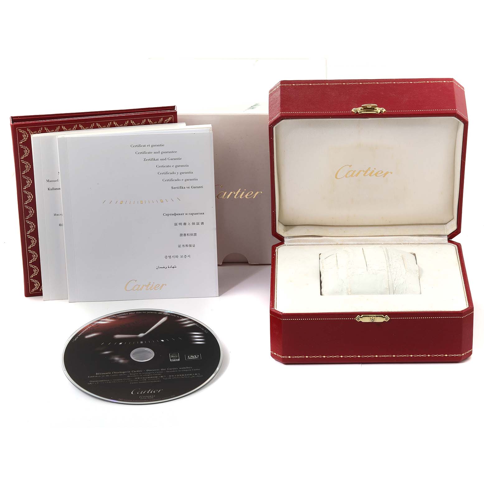 The image shows a Cartier Ballon Bleu W69003Z2 Men's Yellow Gold Silver Dial W69003Z2 Men's Yellow Gold Silver Dial watch box, manuals, warranty card, and a CD, from a front angle.