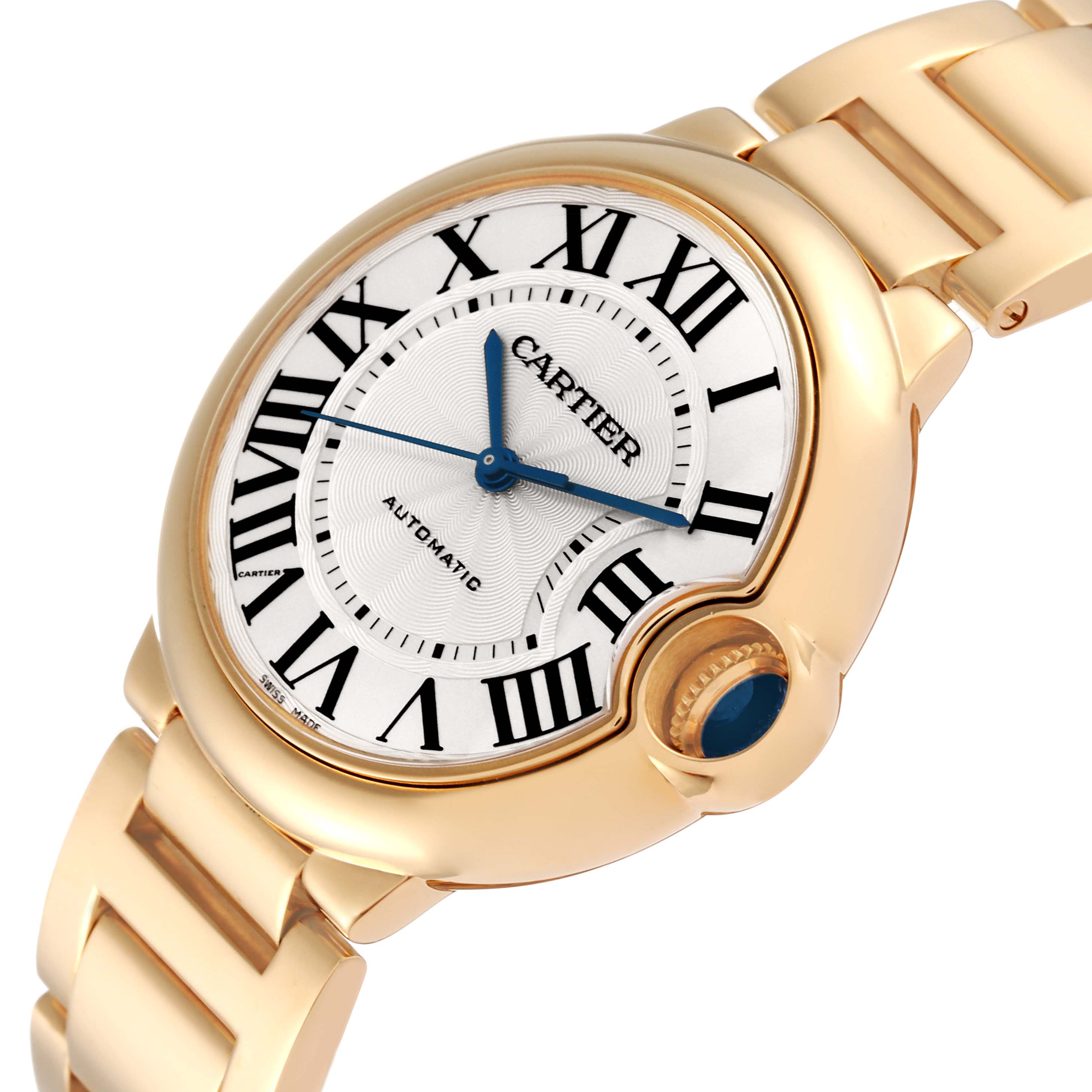 The image showcases a Cartier Ballon Bleu W69003Z2 Men's Yellow Gold Silver Dial W69003Z2 Men's Yellow Gold Silver Dial watch's face and part of its bracelet from an angled, close-up perspective.