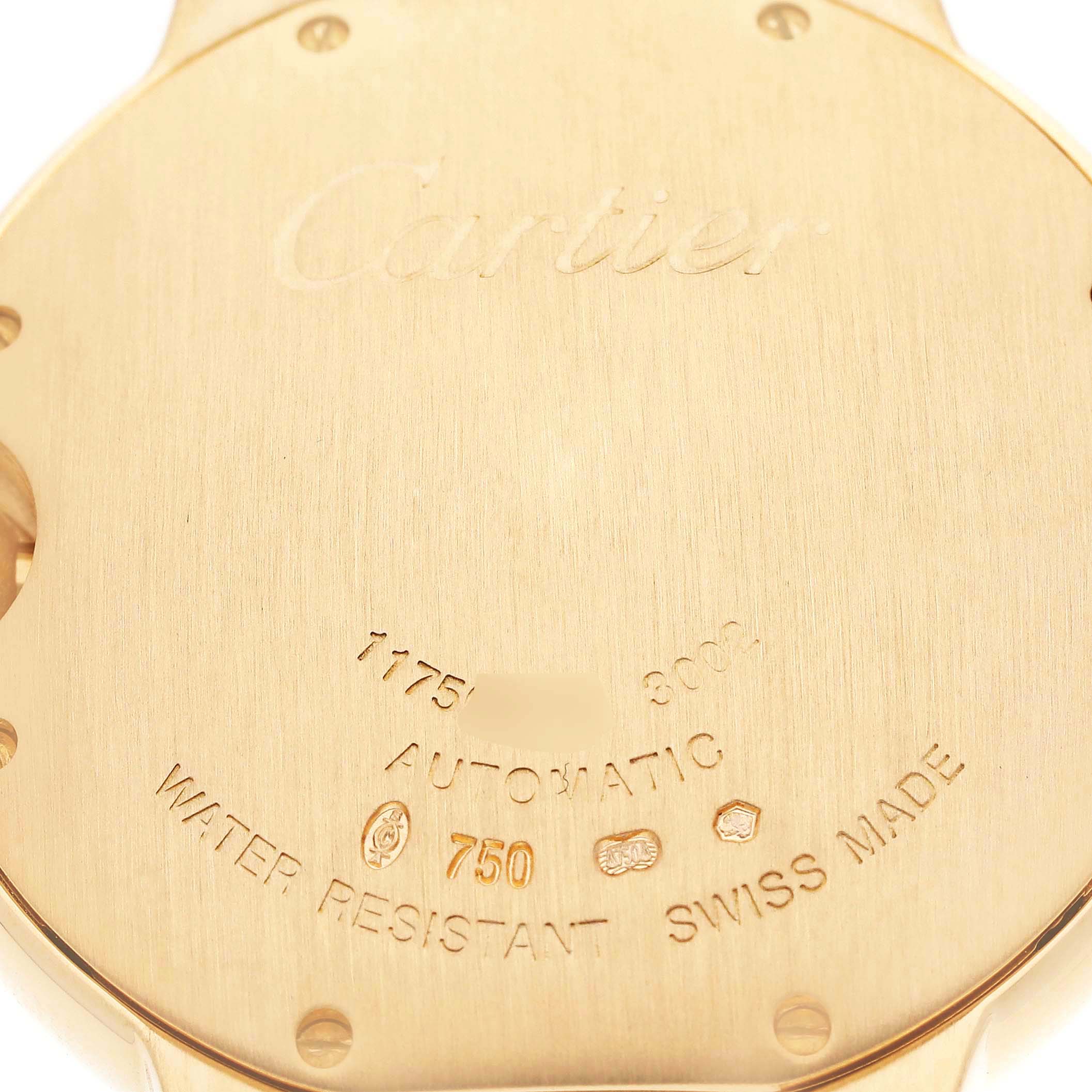 The image shows the back case of a Cartier Ballon Bleu W69003Z2 Men's Yellow Gold Silver Dial W69003Z2 Men's Yellow Gold Silver Dial model watch, highlighting engravings such as "Cartier," automatic movement, and Swiss-made details.