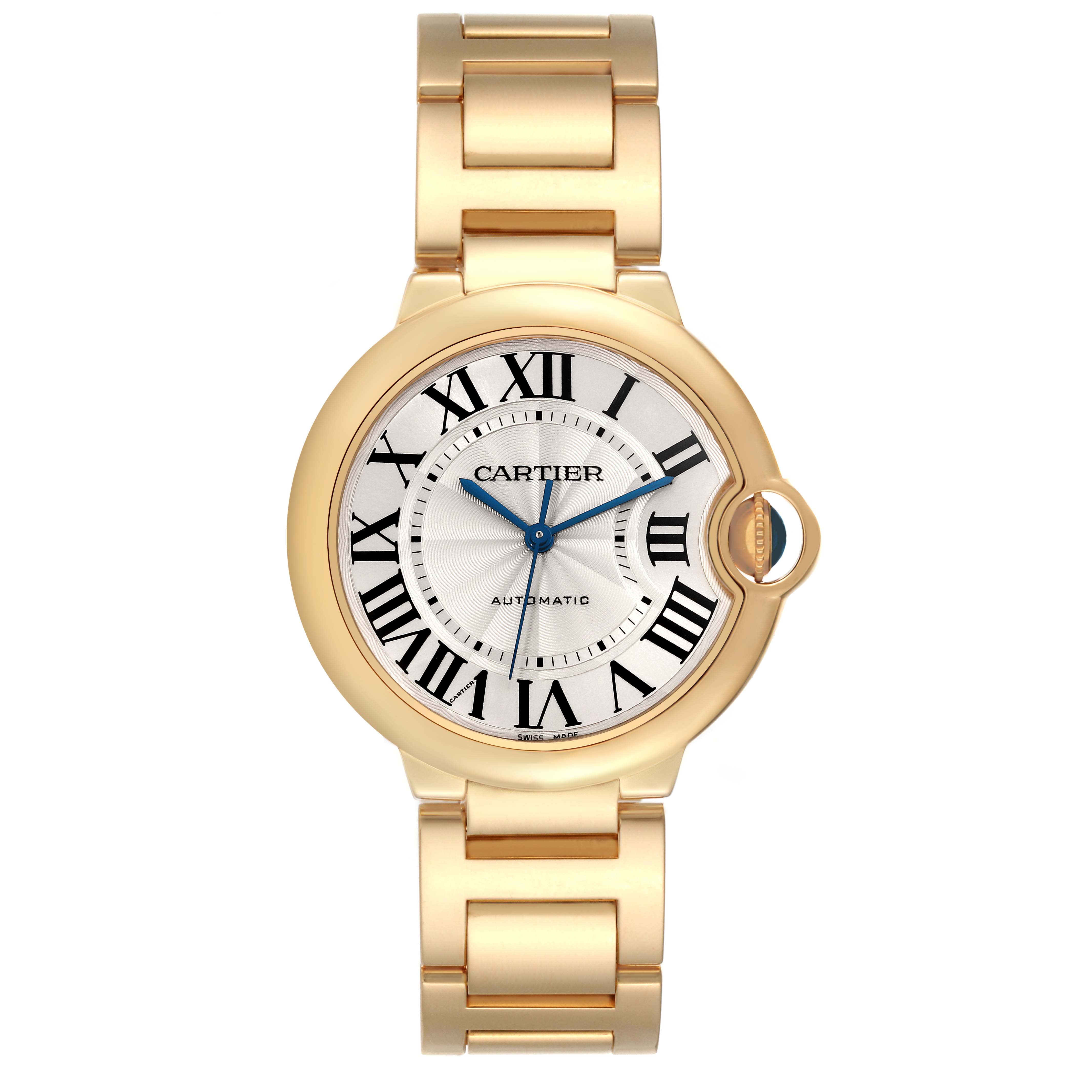 The image shows a front angle of the Ballon Bleu model by Cartier, highlighting its dial, bezel, and bracelet.