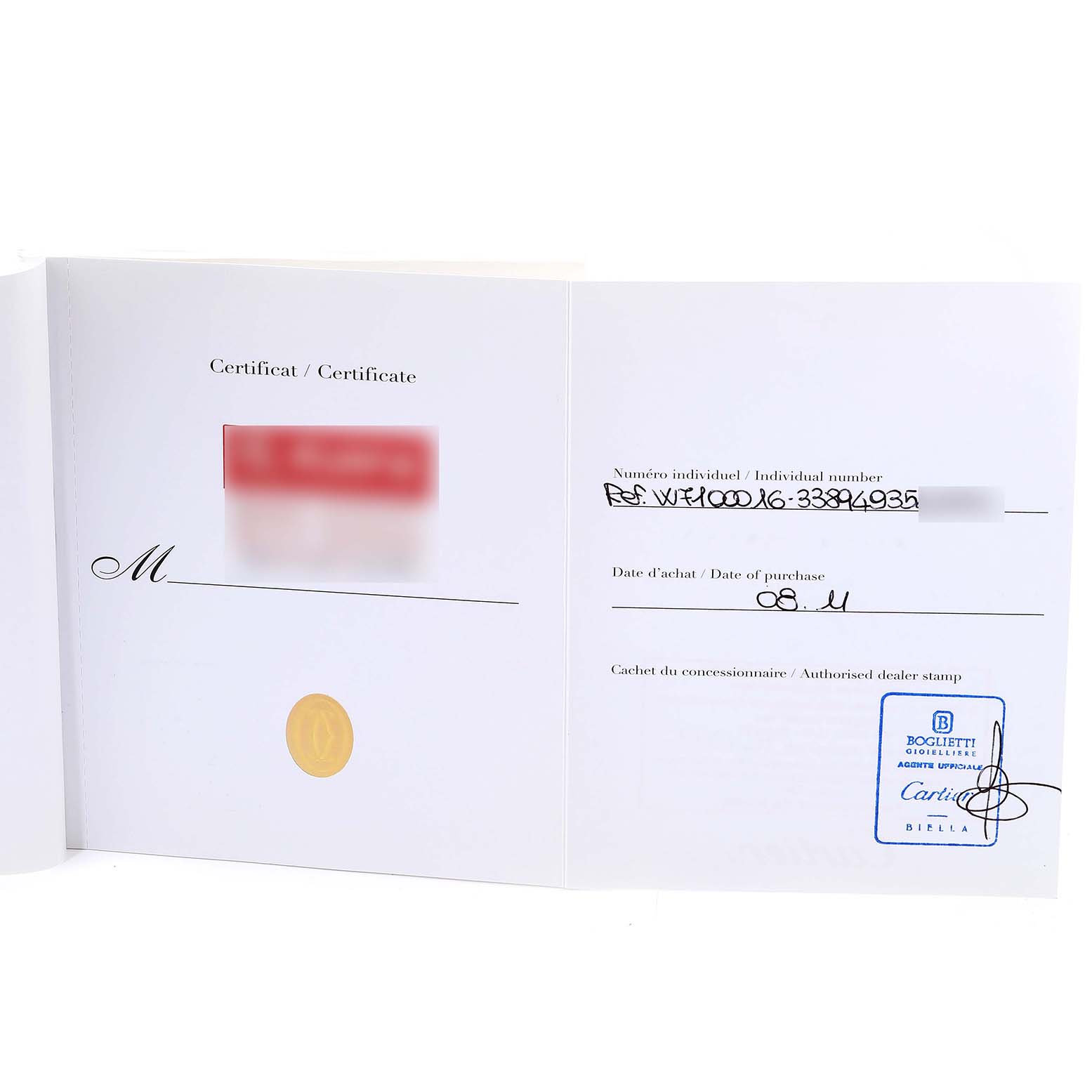 This image shows the certificate and warranty card for a Calibre de Cartier watch by Cartier.