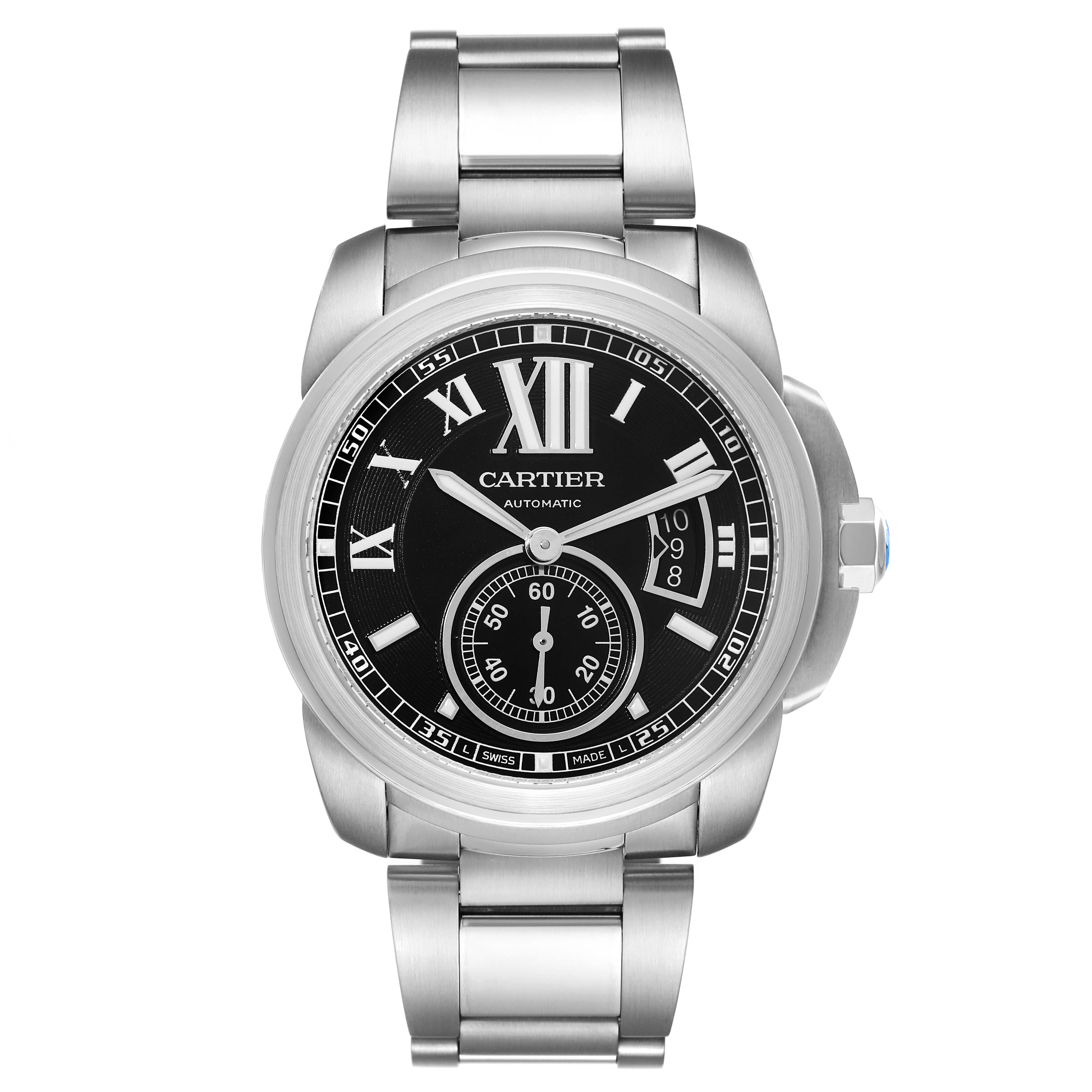 This image shows a front-facing view of the Calibre de Cartier watch by Cartier, highlighting the dial, bracelet, and crown.