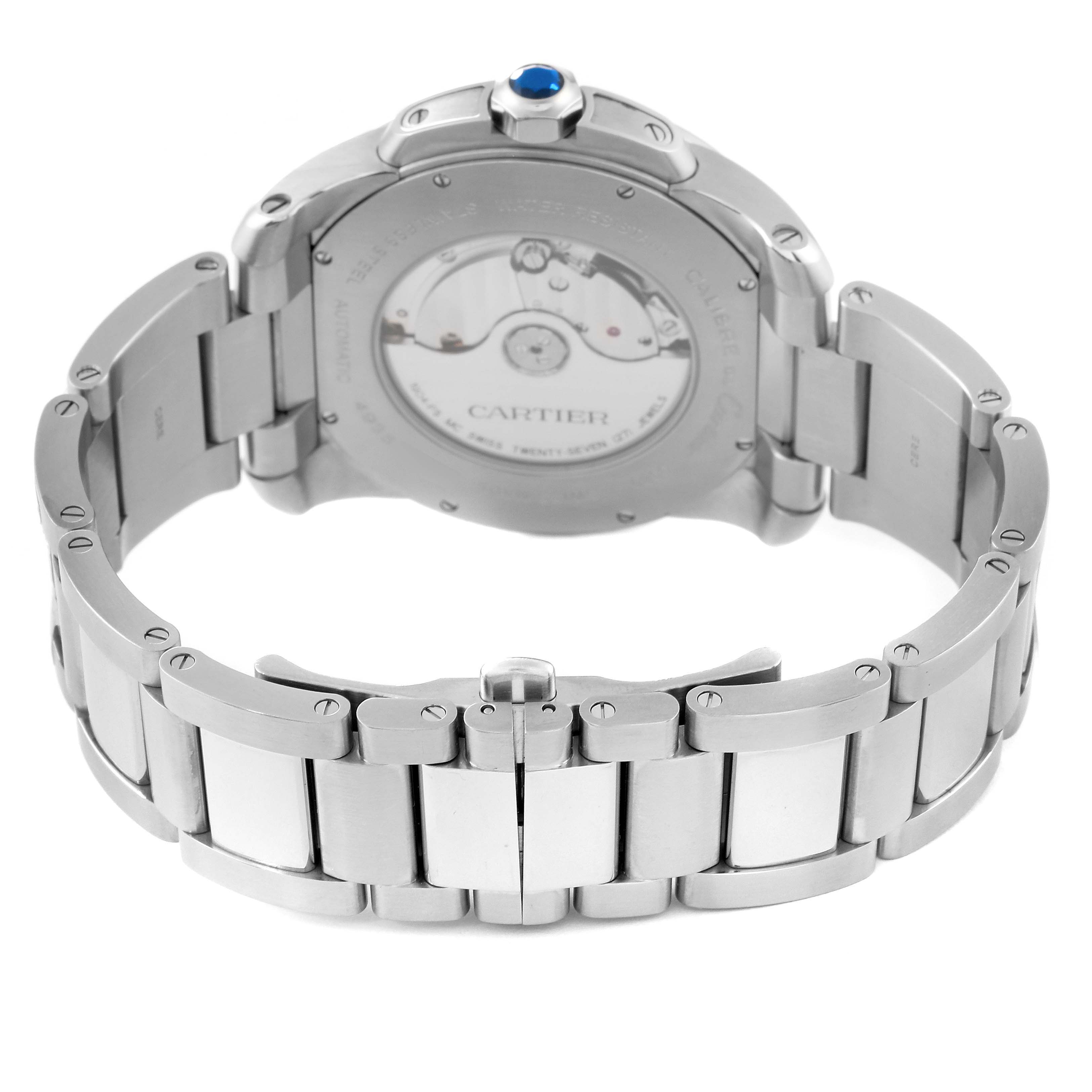 The image shows the back view and bracelet of the Calibre de Cartier watch by Cartier, showcasing its clasp and case back.