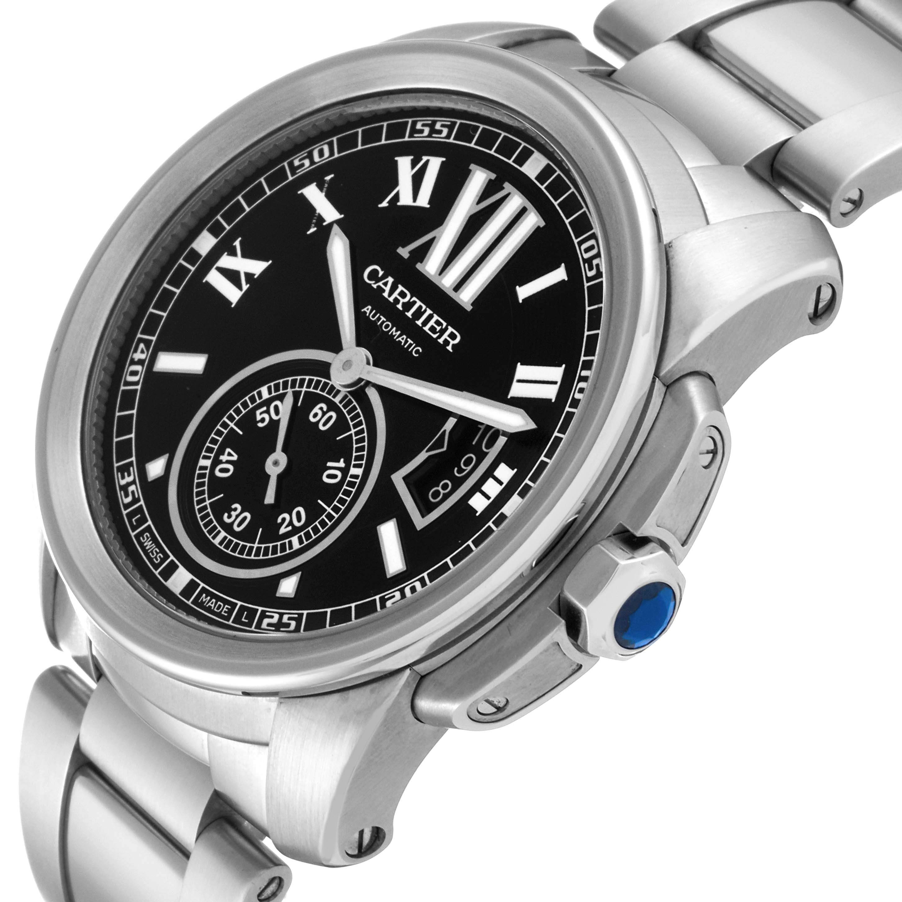 This image shows a close-up view of the dial, crown, and part of the bracelet of a Calibre de Cartier watch by Cartier.