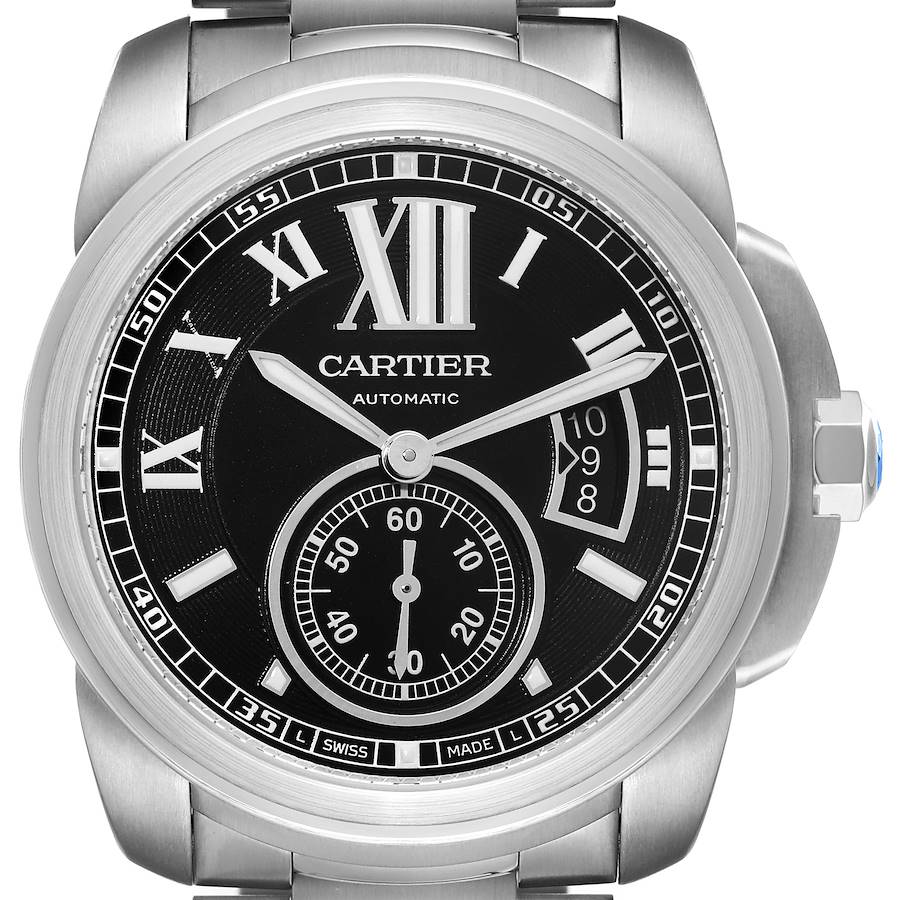Cartier Calibre Steel Black Dial Mens Watch W7100016 Box Papers SwissWatchExpo