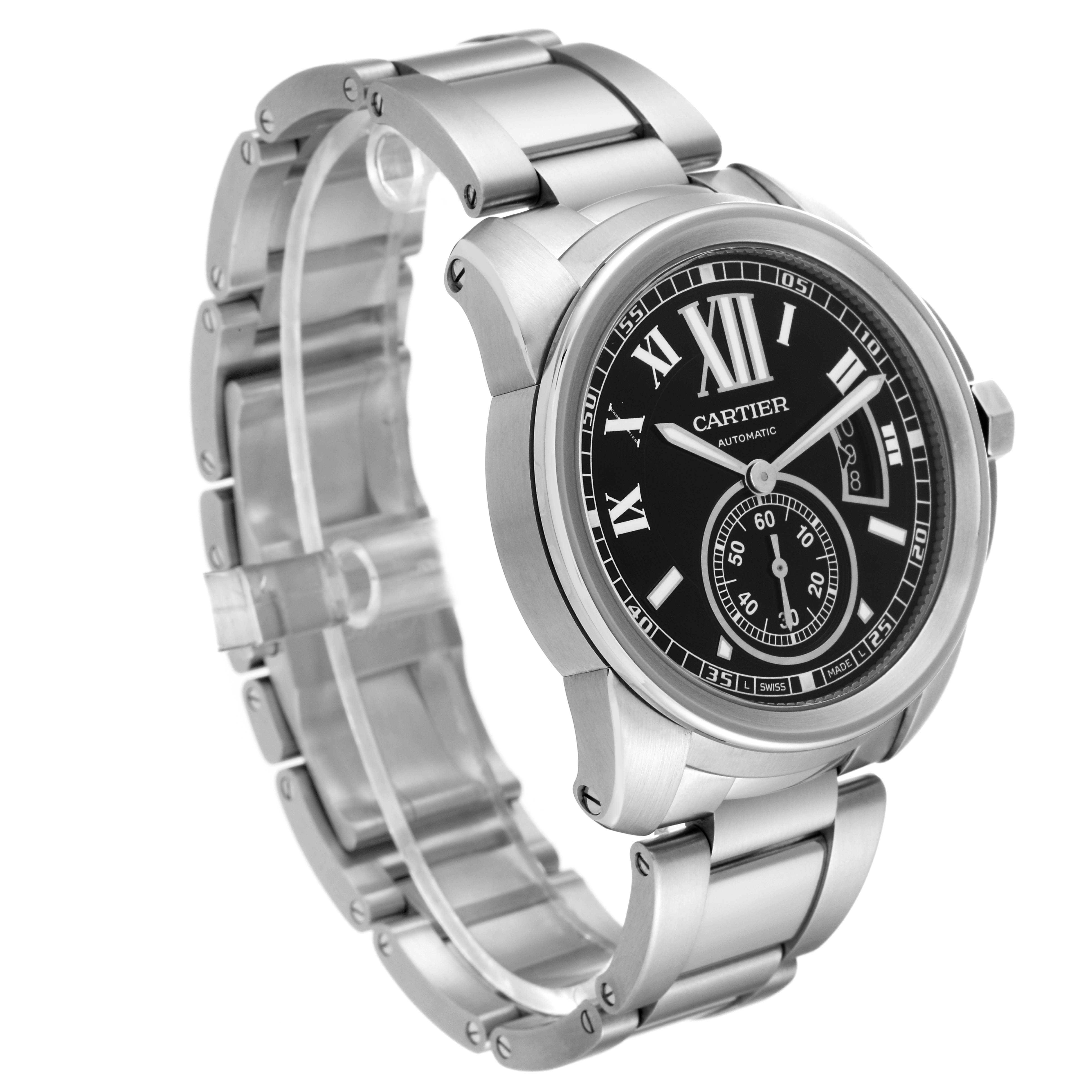The image shows a Calibre de Cartier watch by Cartier at an angle highlighting the face, bracelet, and side profile.