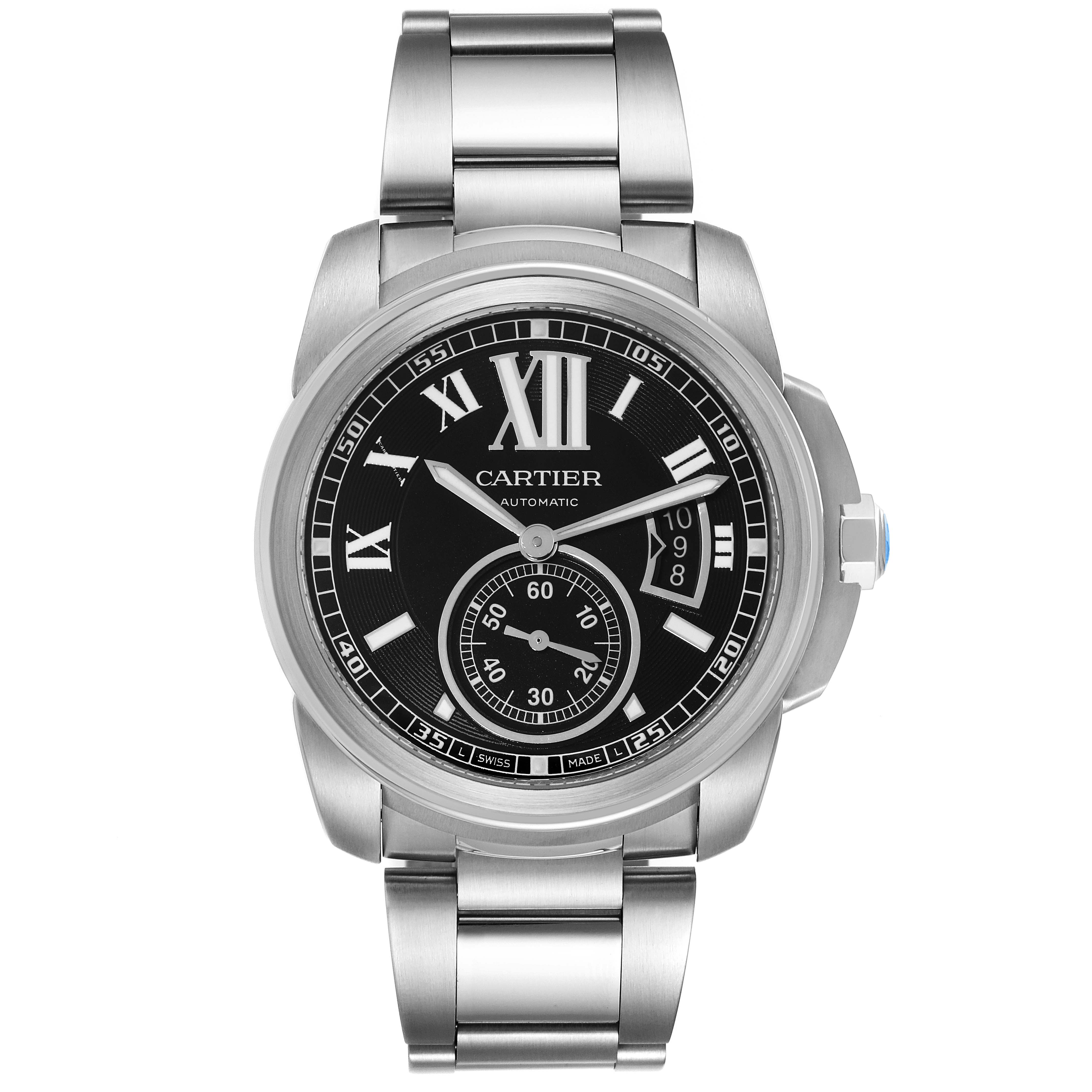 This image shows a front view of a Calibre de Cartier model watch by Cartier, displaying its face, bezel, and bracelet.