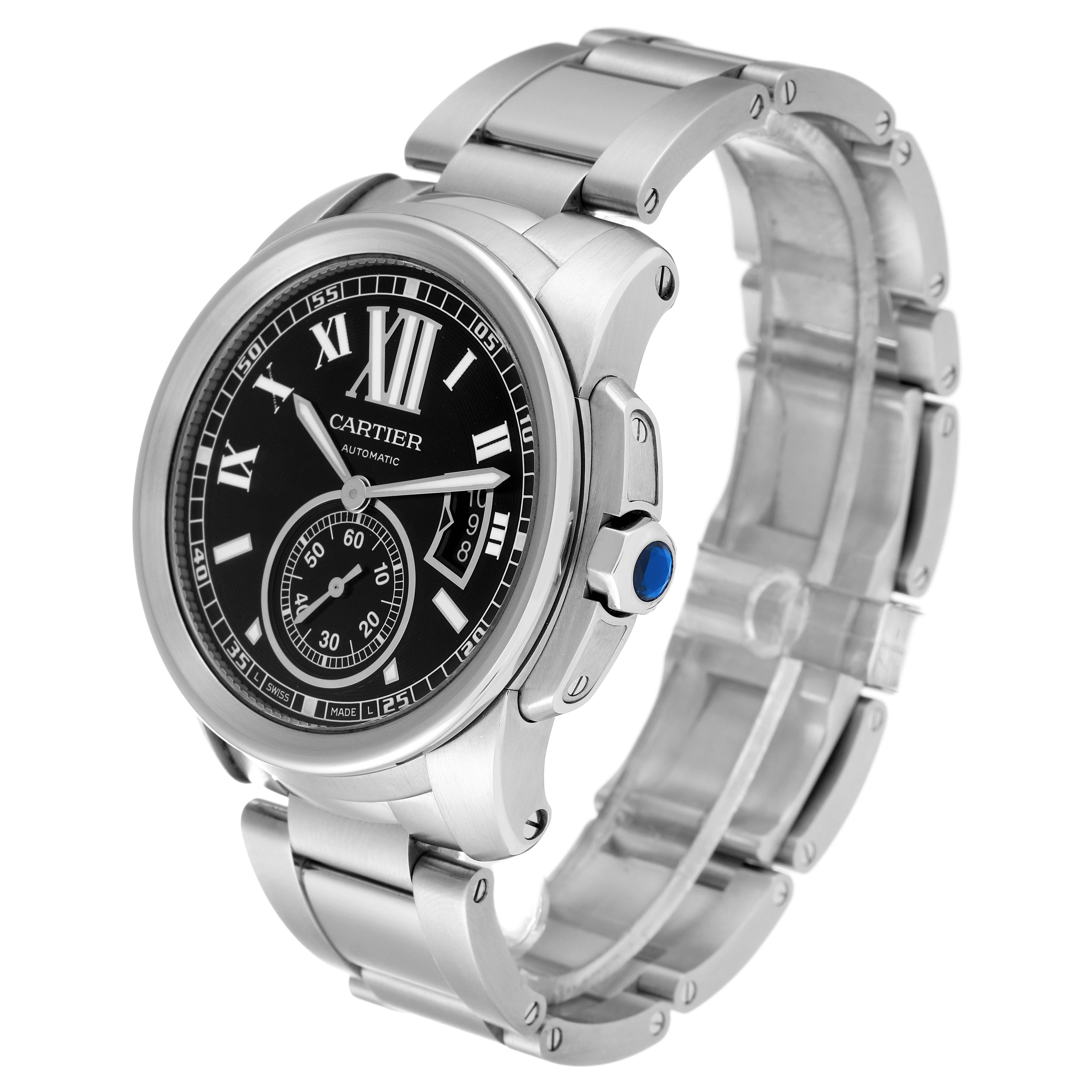 The image shows a side-angle view of a Calibre de Cartier watch by Cartier, highlighting the face, bracelet, and crown.