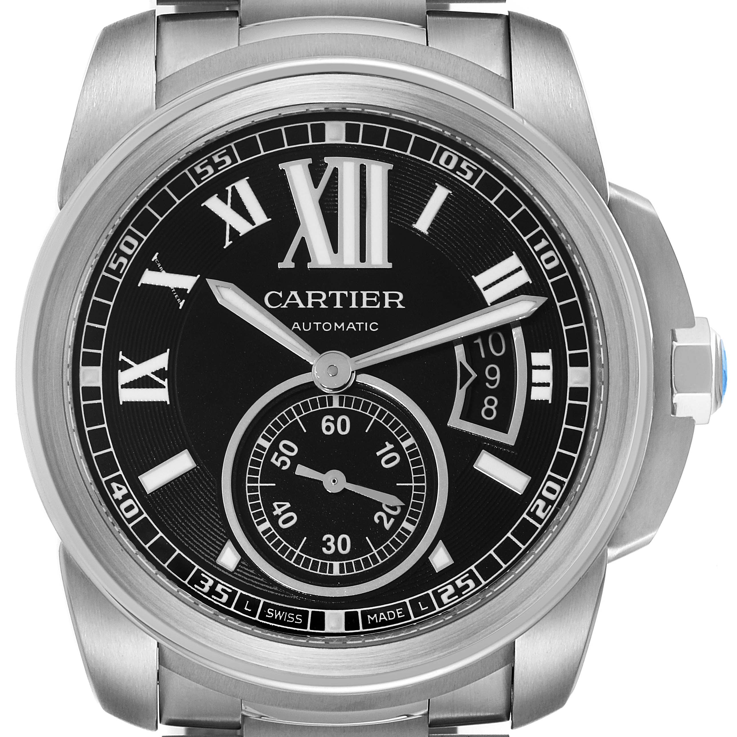 The image shows a Calibre de Cartier watch by Cartier from a front angle, highlighting its dial, hands, and case.