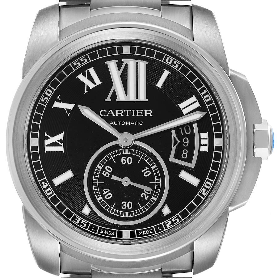 Cartier Calibre Steel Black Dial Mens Watch W7100016 Box Papers SwissWatchExpo