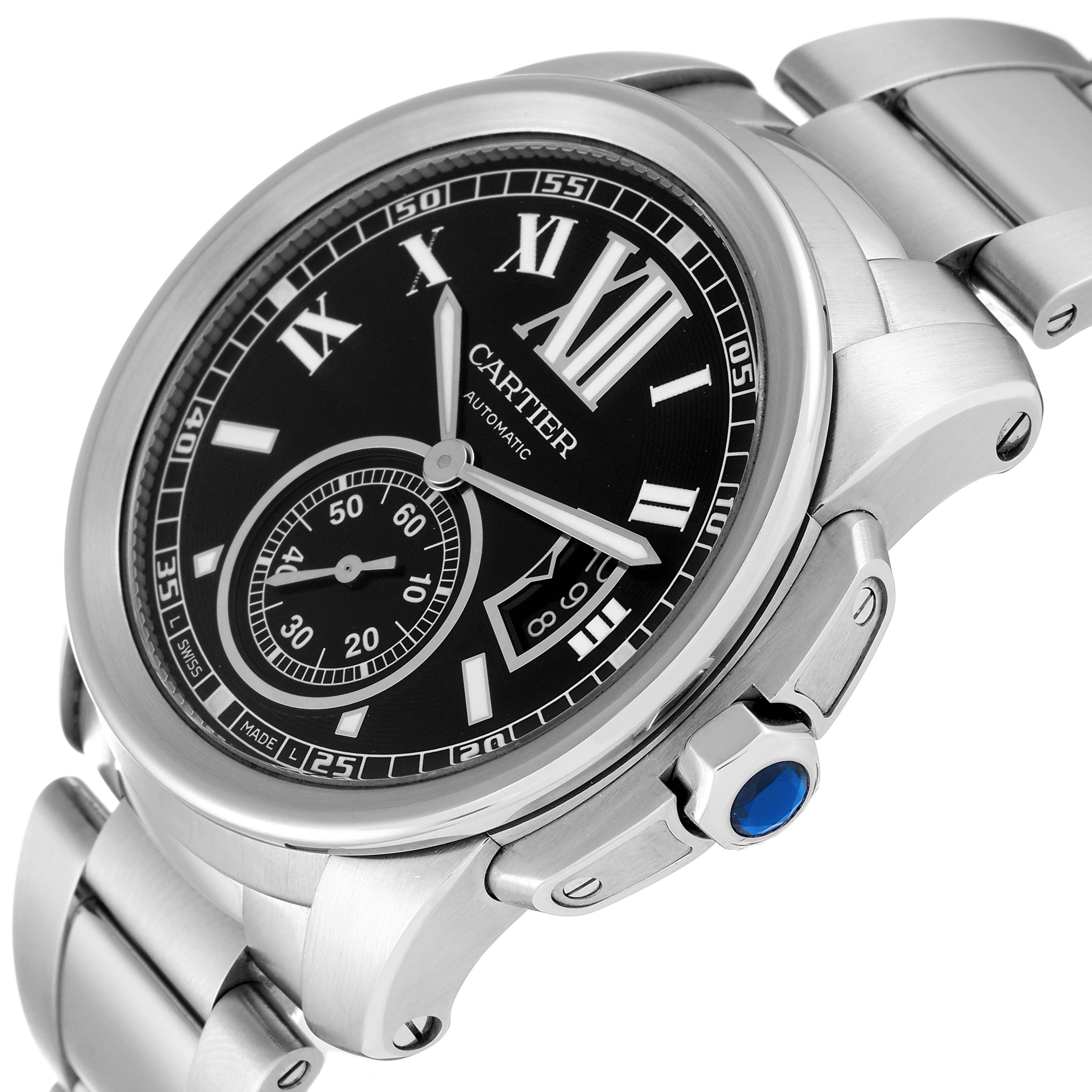 The image shows a close-up angle of the Calibre de Cartier watch by Cartier, highlighting its dial, crown, and bracelet.