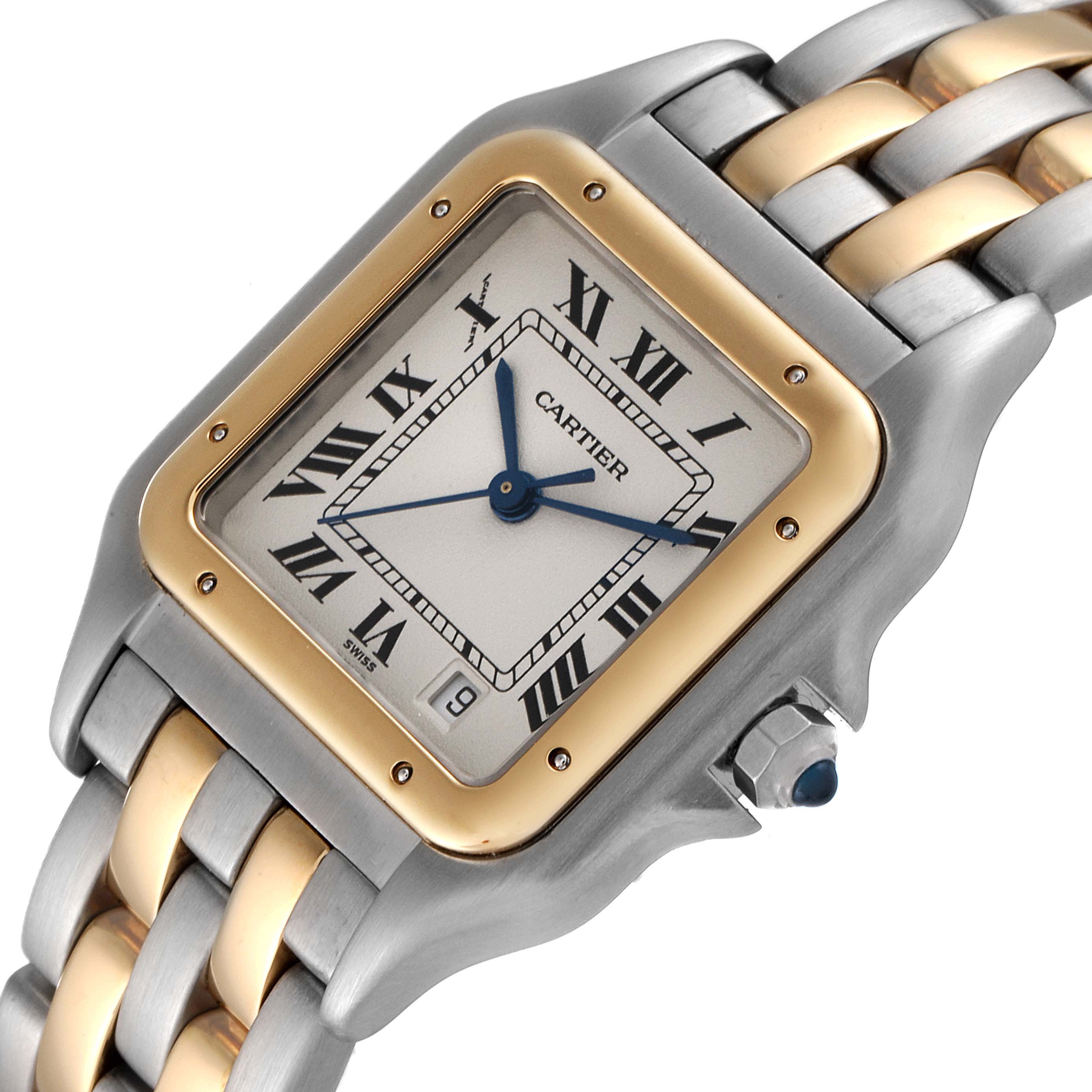 The image shows a close-up view of the Cartier Panthere W25028B8 Women
s Steel and Gold (two tone) Silver Dial W25028B8 Women
s Steel and Gold (two tone) Silver Dial model watch, highlighting the face, bezel, and part of the bracelet.