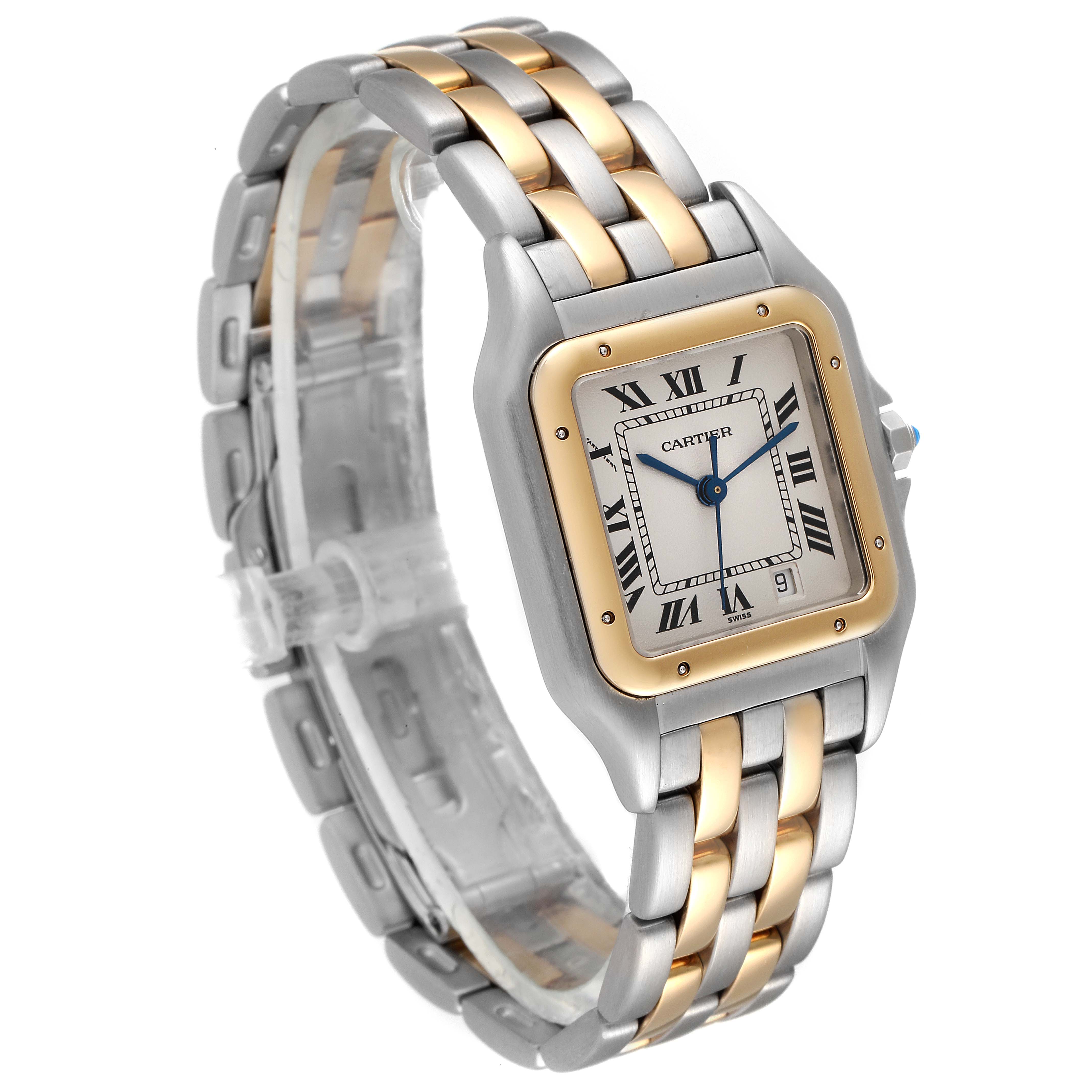 The image shows a Cartier Panthere W25028B8 Women
s Steel and Gold (two tone) Silver Dial W25028B8 Women
s Steel and Gold (two tone) Silver Dial watch at an angled view, highlighting its face, bezel, and two-tone bracelet.
