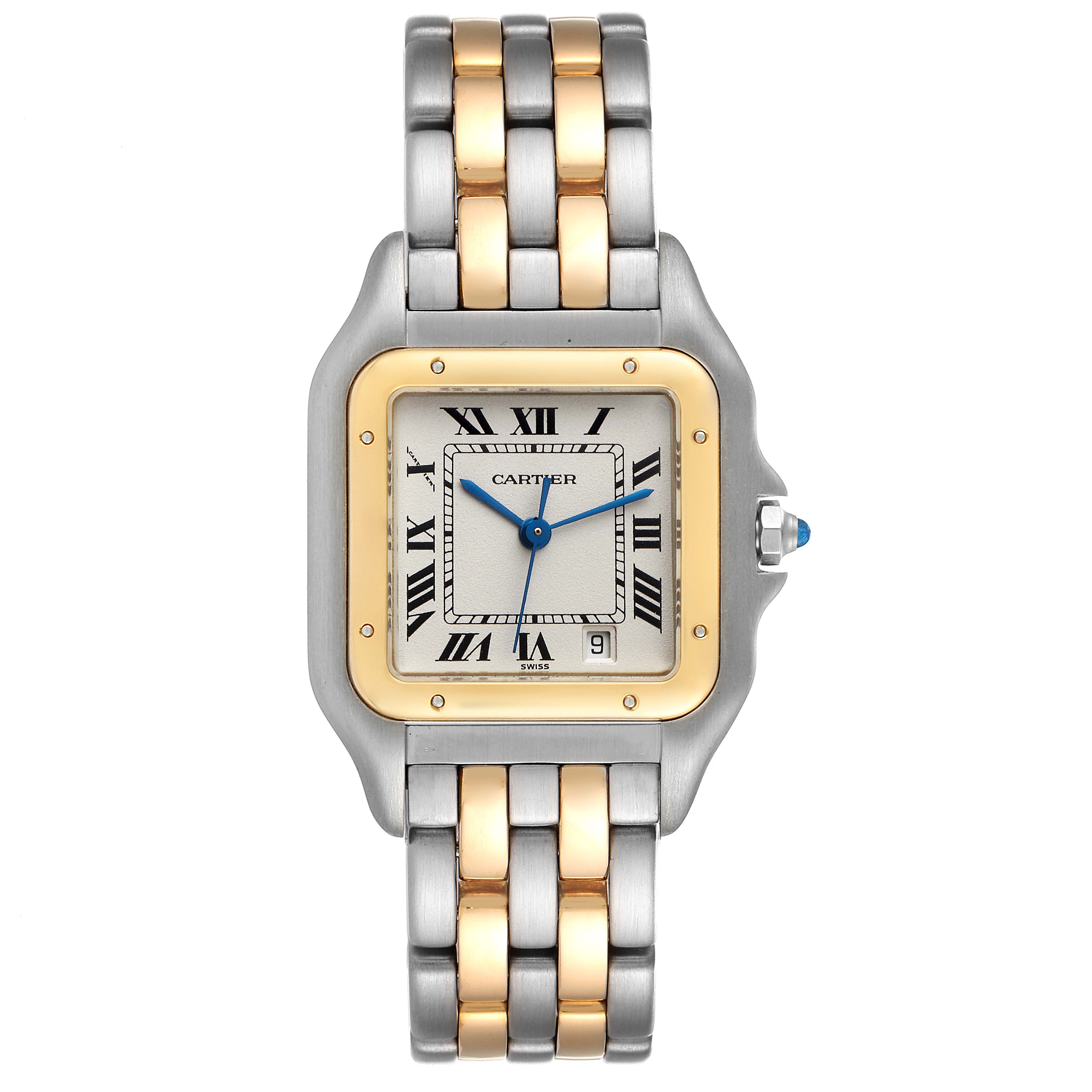 This image shows a Cartier Panthere W25028B8 Women
s Steel and Gold (two tone) Silver Dial W25028B8 Women
s Steel and Gold (two tone) Silver Dial watch from a front angle, highlighting its square dial, bracelet, and two-tone metal design.