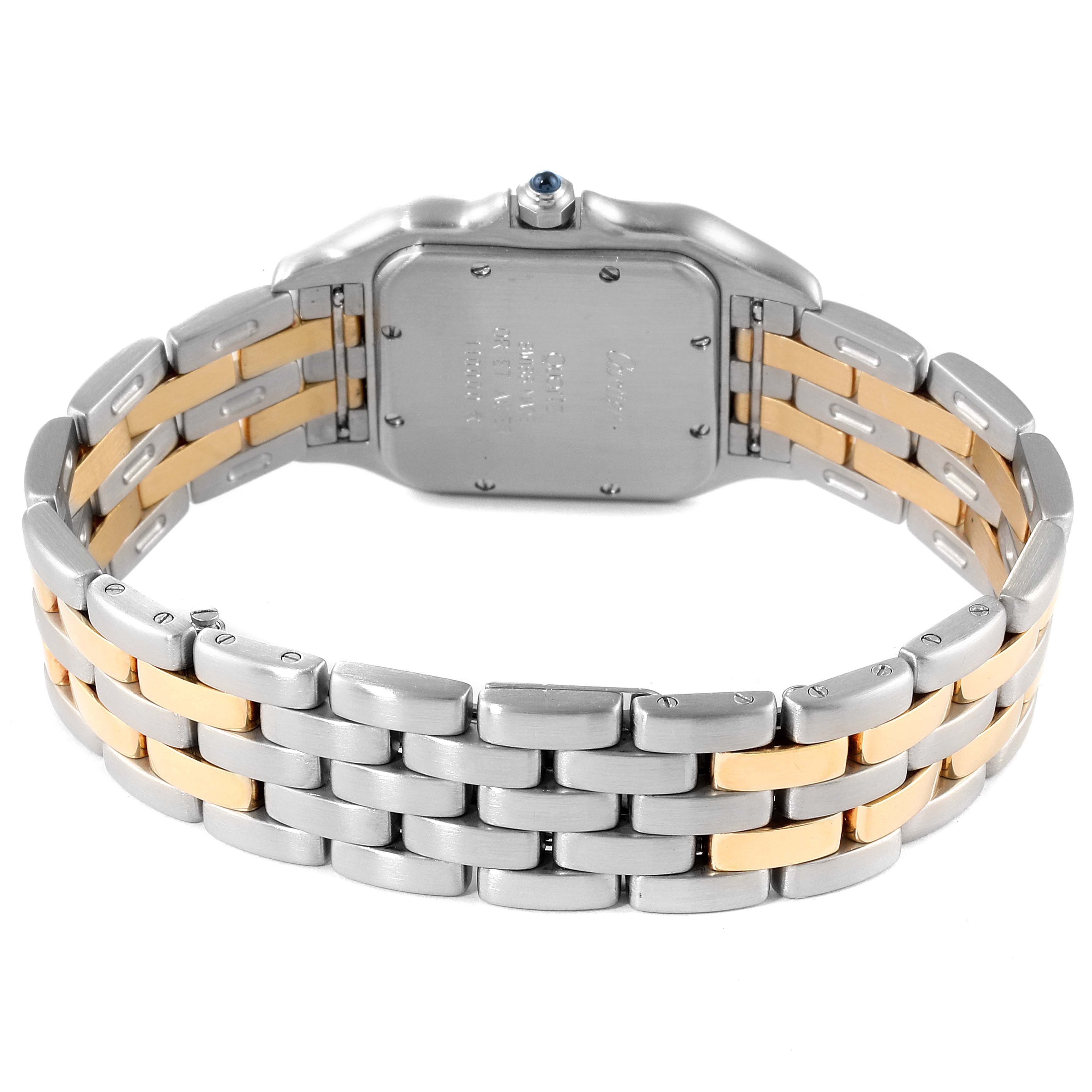 This image showcases the back and bracelet of a Cartier Panthere W25028B8 Women
s Steel and Gold (two tone) Silver Dial W25028B8 Women
s Steel and Gold (two tone) Silver Dial model watch, highlighting its two-tone metal links.