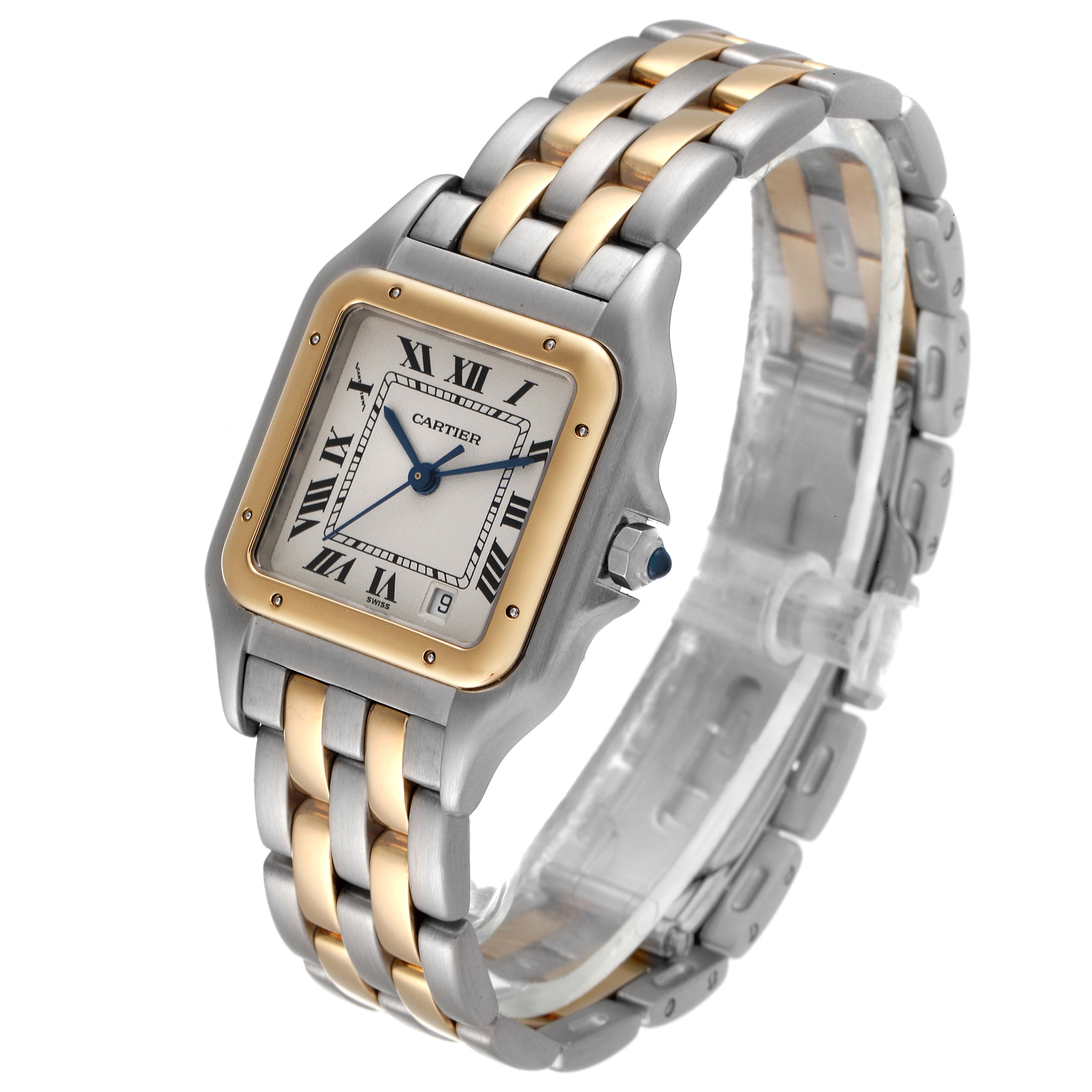 The image shows a Cartier Panthere W25028B8 Women
s Steel and Gold (two tone) Silver Dial W25028B8 Women
s Steel and Gold (two tone) Silver Dial model watch at a three-quarter angle, highlighting its face, bracelet, and side view.