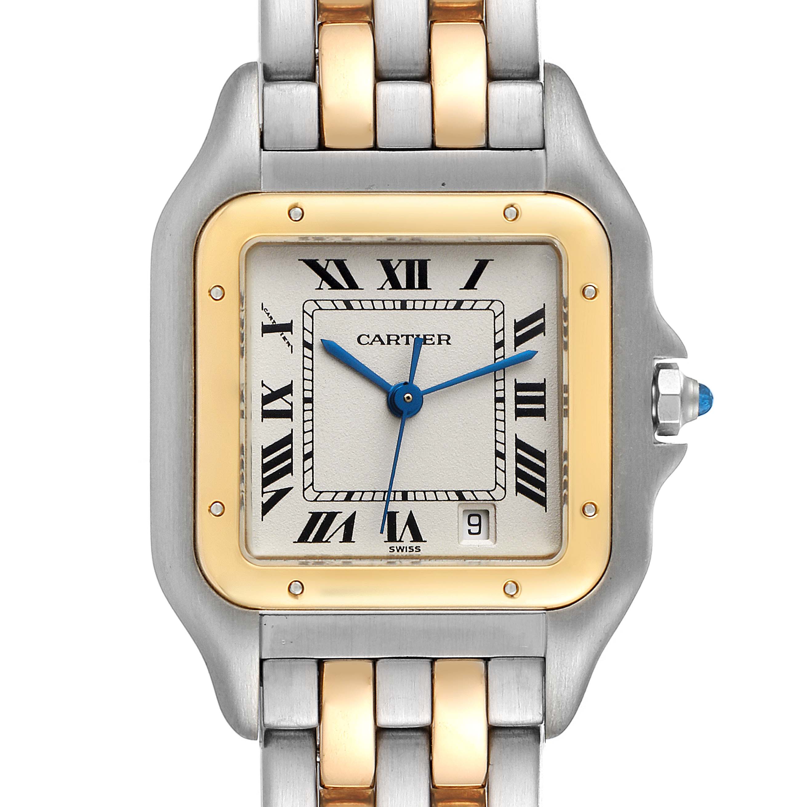 The image shows a front view of the Cartier Panthere W25028B8 Women
s Steel and Gold (two tone) Silver Dial W25028B8 Women
s Steel and Gold (two tone) Silver Dial watch, highlighting its dial, bezel, crown, and part of its bracelet.