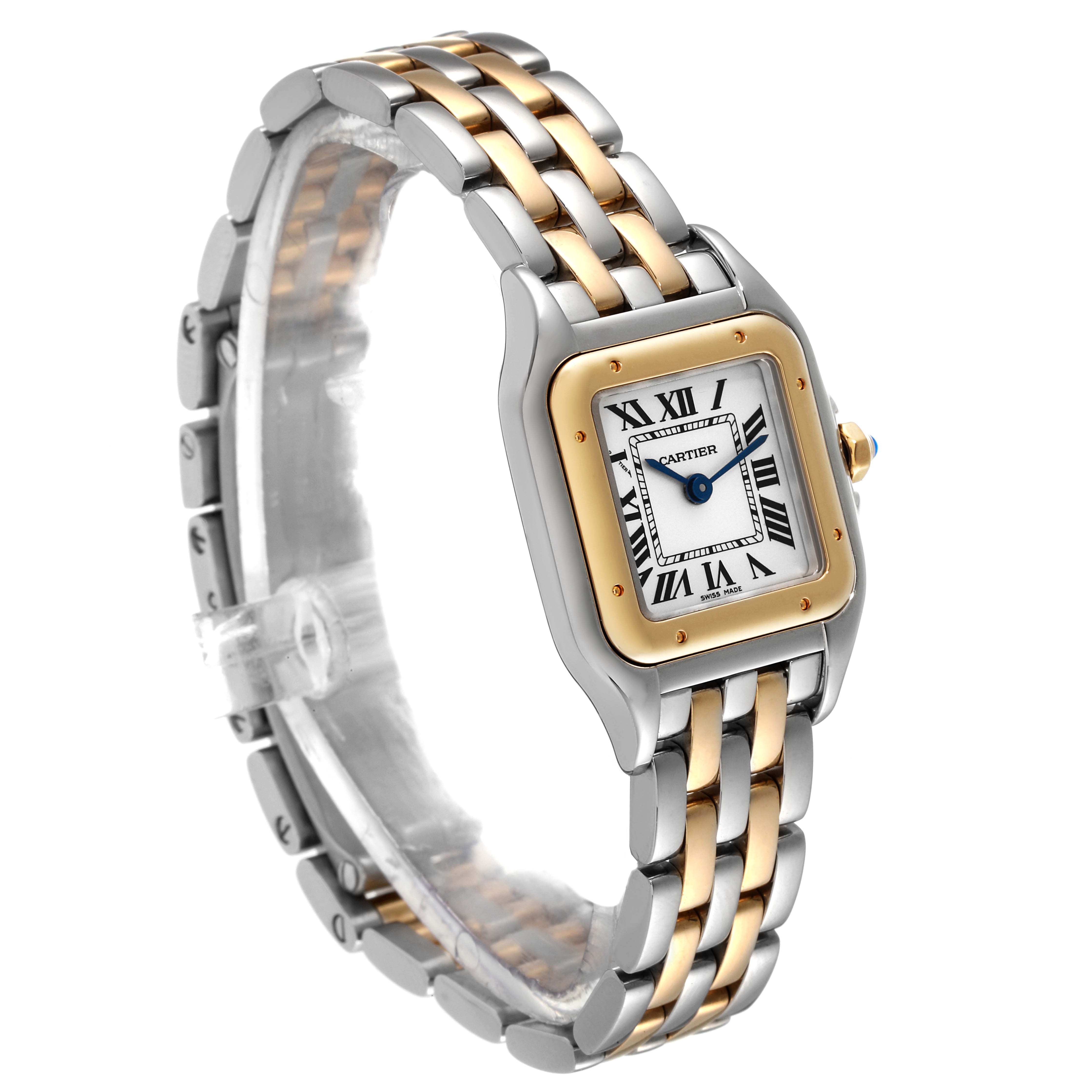 The image shows a Cartier Panthère watch at a three-quarter angle highlighting its face and two-tone bracelet.