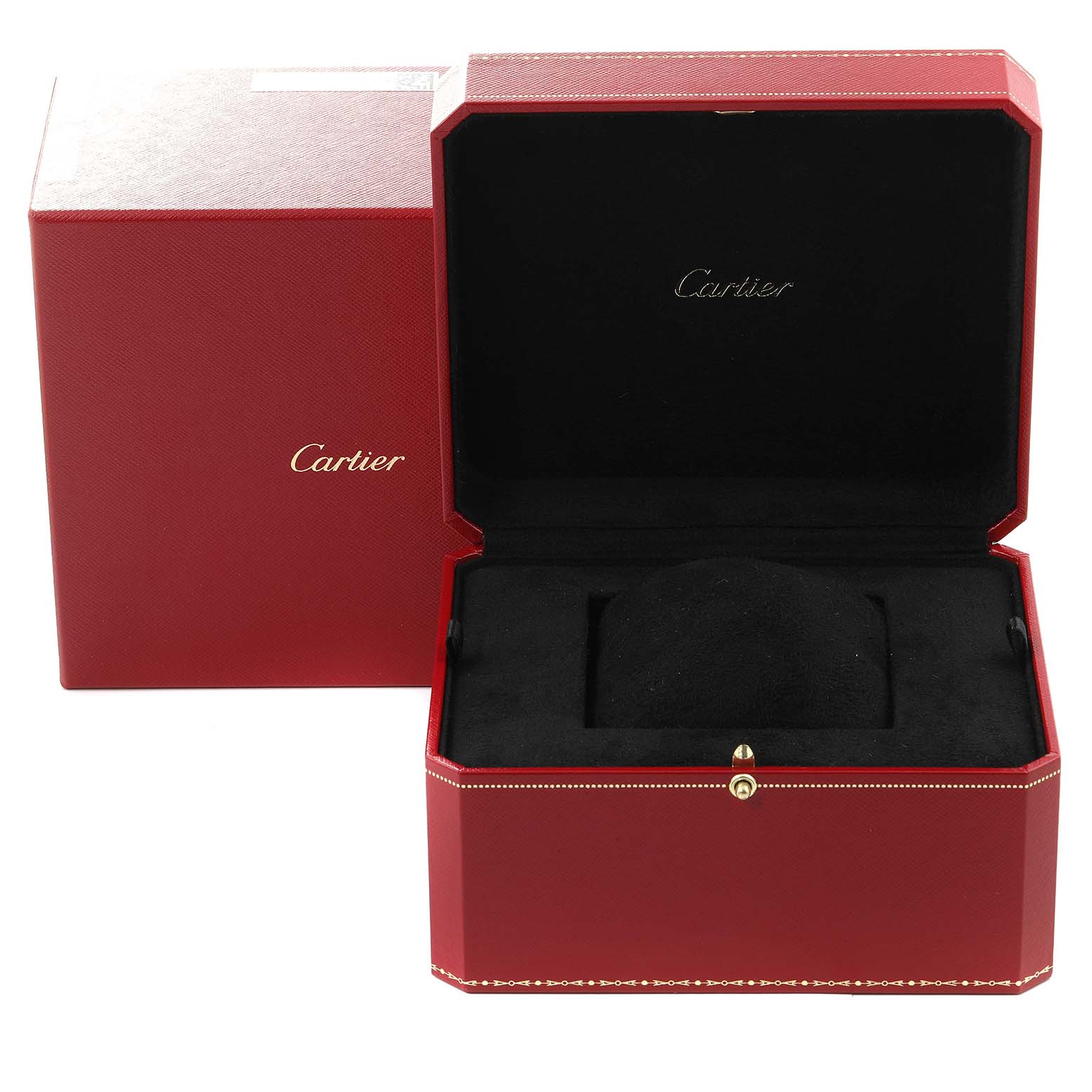 The image shows an open Cartier Panthere W2PN0006 Women's Steel and Gold (two tone) Silver Dial W2PN0006 Women's Steel and Gold (two tone) Silver Dial watch box with the outer red box beside it.