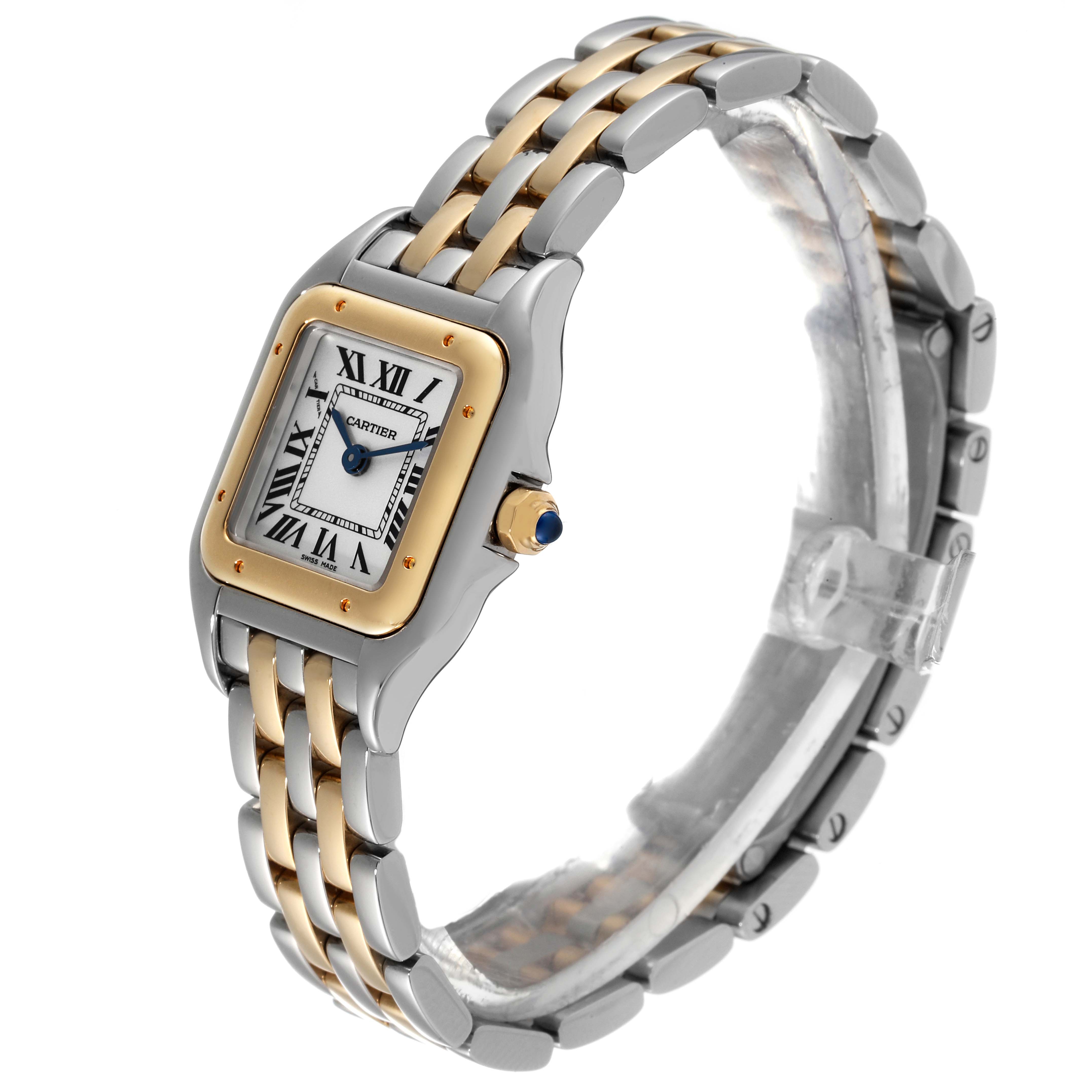 The image shows a side angle of the Cartier Panthere W2PN0006 Women's Steel and Gold (two tone) Silver Dial W2PN0006 Women's Steel and Gold (two tone) Silver Dial model watch, highlighting its two-tone bracelet and square face.