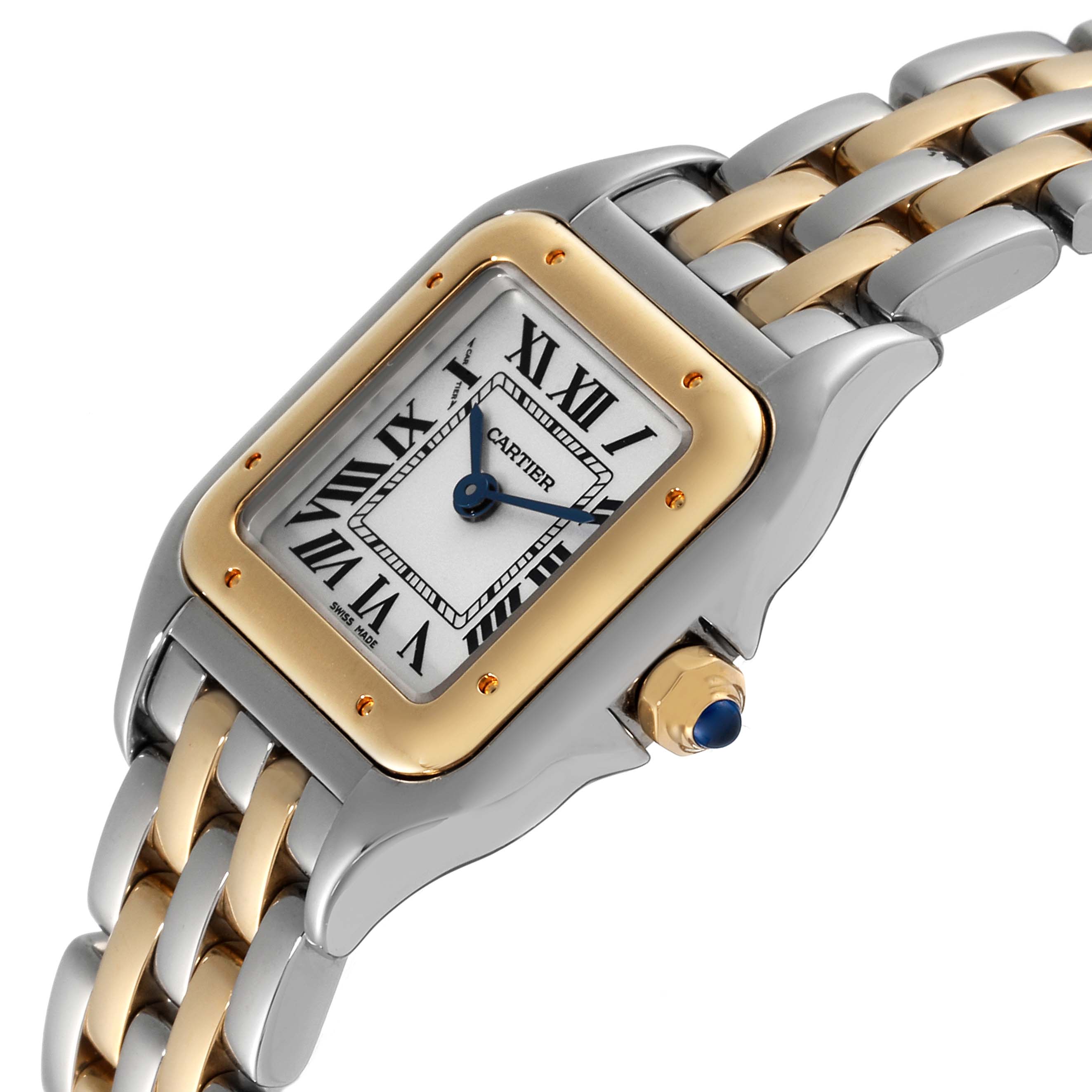 The image shows a Cartier Panthere W2PN0006 Women's Steel and Gold (two tone) Silver Dial W2PN0006 Women's Steel and Gold (two tone) Silver Dial watch at a tilted angle, displaying its two-tone bracelet, rectangular dial, and crown with blue gem.