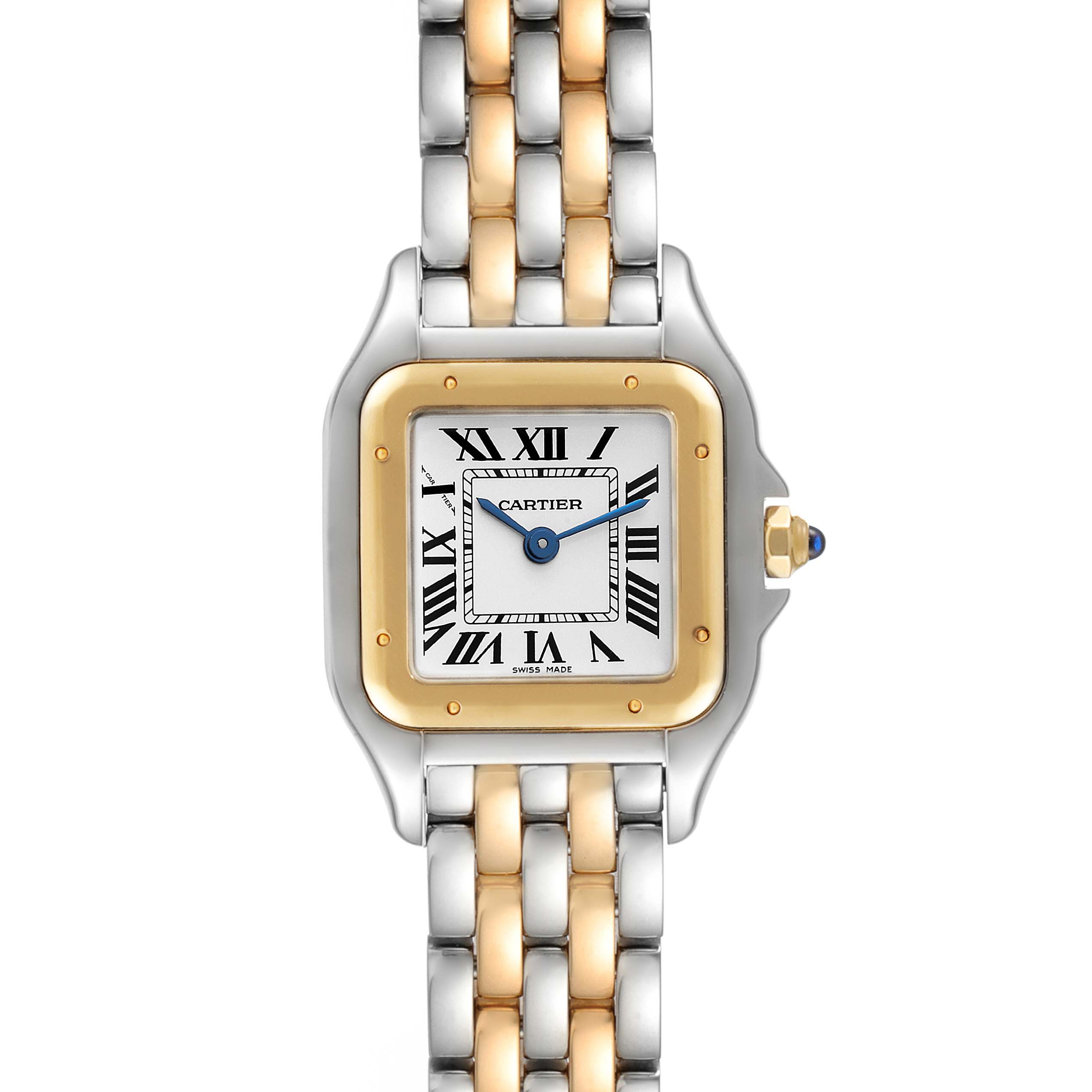 This image shows a front view of a Cartier Panthère watch, highlighting its rectangular face, Roman numerals, and two-tone metal bracelet.
