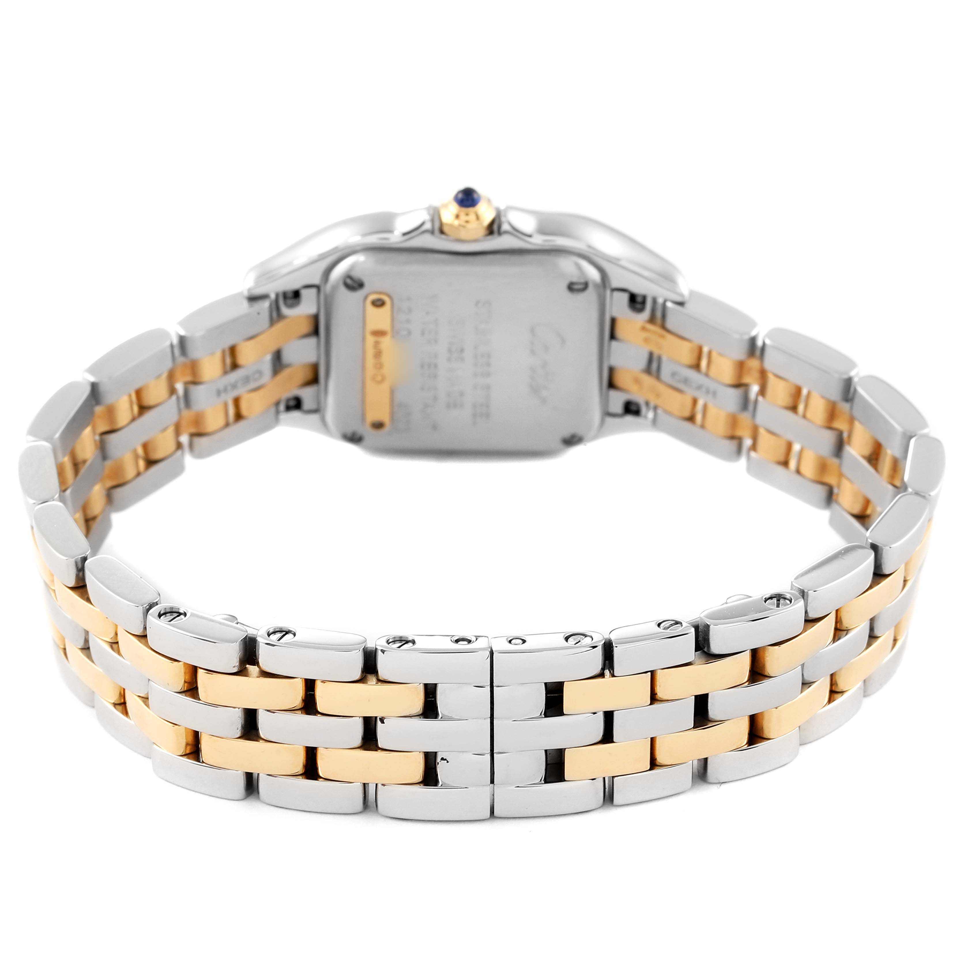 This image shows the back view of the case and bracelet of a Cartier Panthere W2PN0006 Women's Steel and Gold (two tone) Silver Dial W2PN0006 Women's Steel and Gold (two tone) Silver Dial watch.