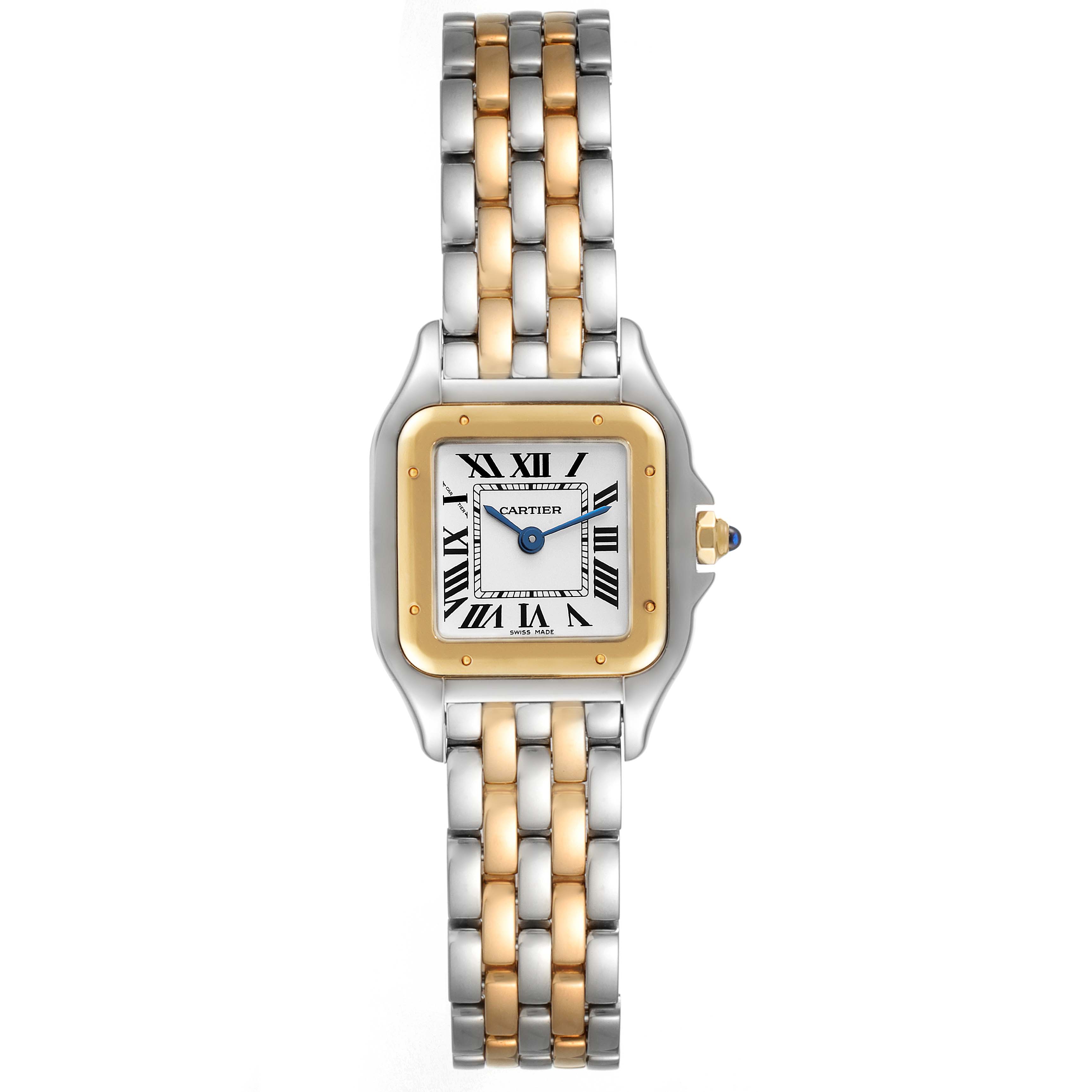This image shows a Cartier Panthere W2PN0006 Women's Steel and Gold (two tone) Silver Dial W2PN0006 Women's Steel and Gold (two tone) Silver Dial watch from a top-down view, highlighting its two-tone bracelet and square face with Roman numerals.