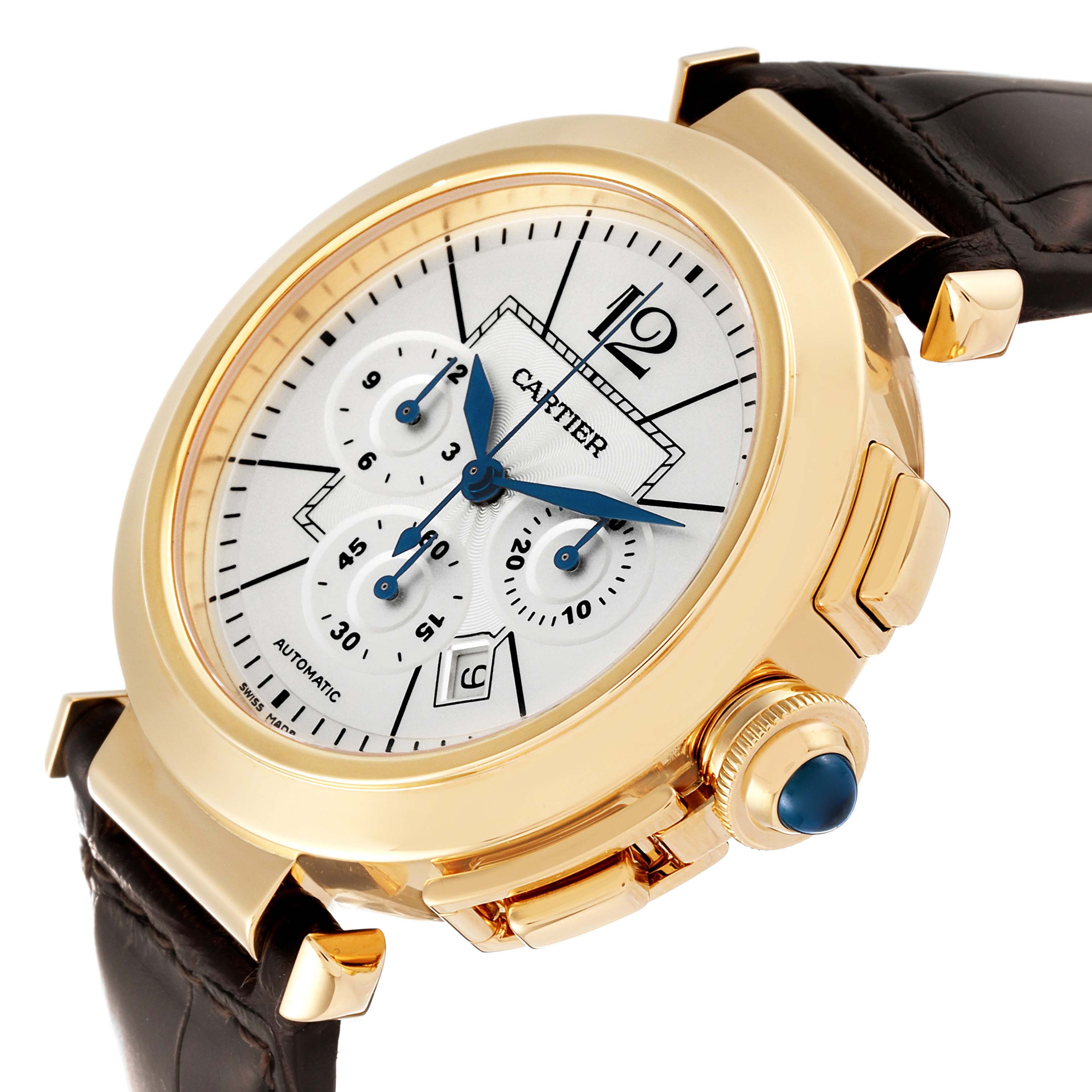 This image shows the Cartier Pasha W3020151 Men's Yellow Gold Silver Dial W3020151 Men's Yellow Gold Silver Dial watch at a 3/4 angle, highlighting its face, bezel, crown, and leather strap.