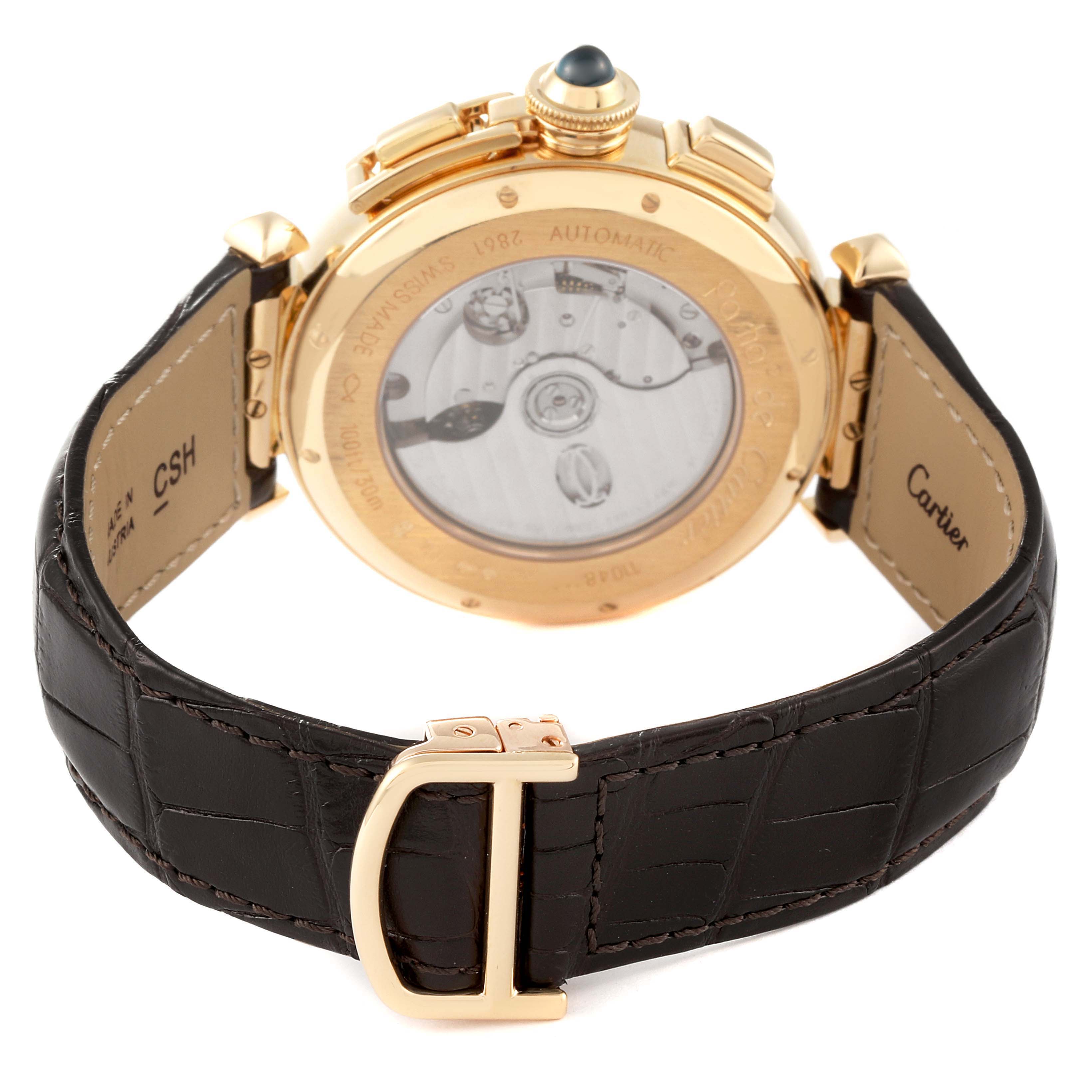 This image shows the rear view of the Cartier Pasha W3020151 Men's Yellow Gold Silver Dial W3020151 Men's Yellow Gold Silver Dial watch, displaying its case back and leather strap with buckle.