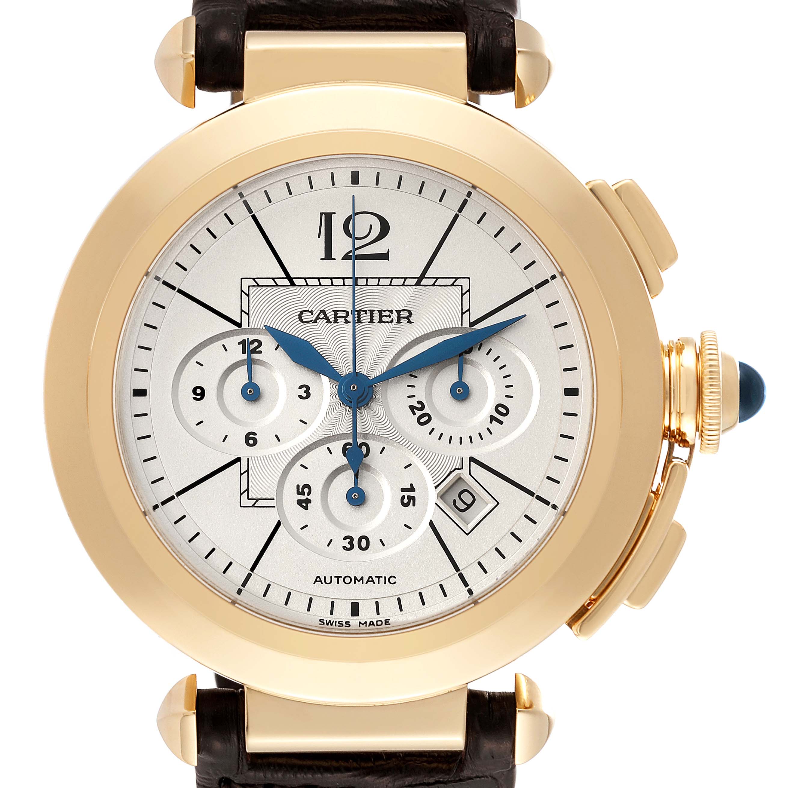 This image shows a front view of the Cartier Pasha W3020151 Men's Yellow Gold Silver Dial W3020151 Men's Yellow Gold Silver Dial watch, featuring its dial, subdials, and crown.