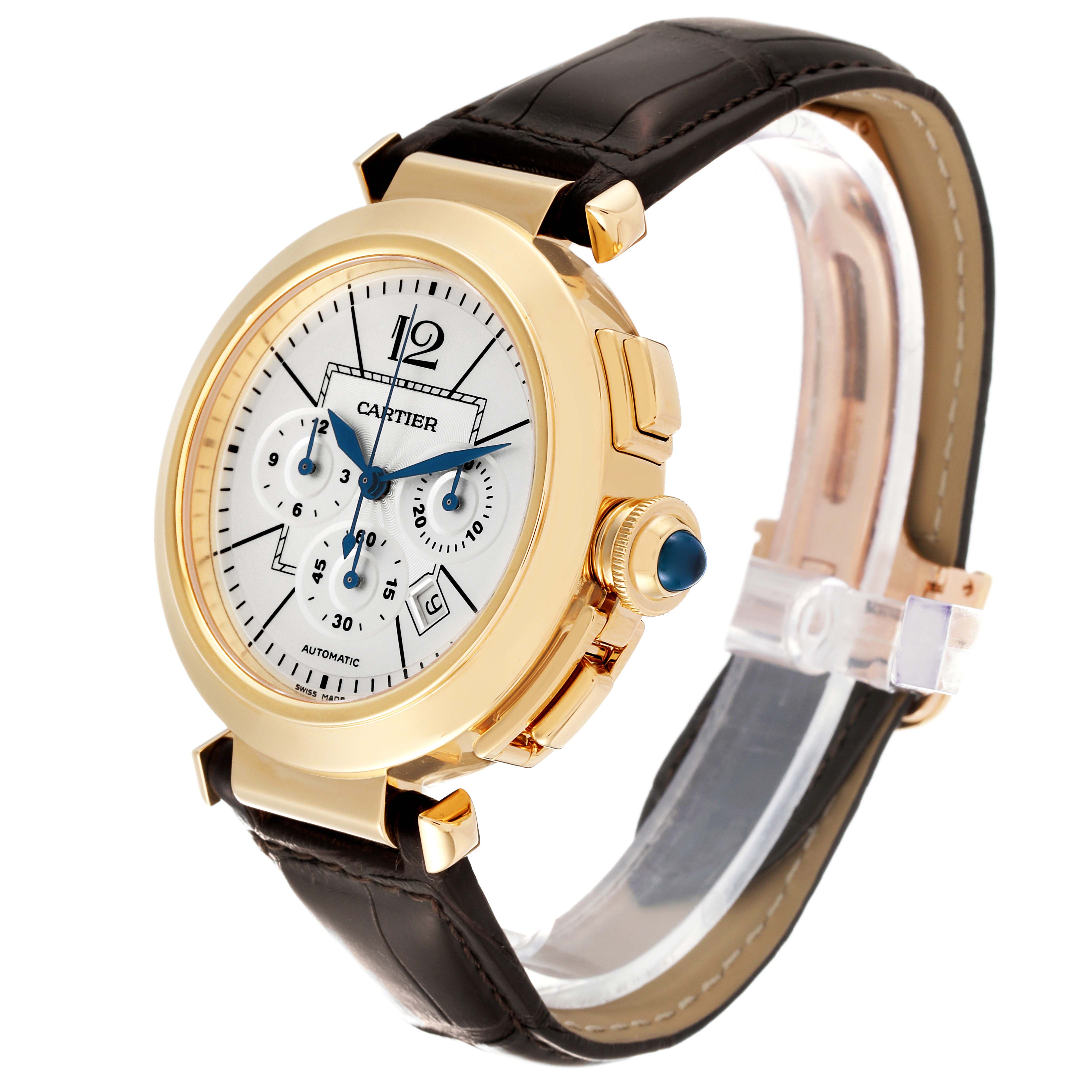 The image shows a Cartier Pasha W3020151 Men's Yellow Gold Silver Dial W3020151 Men's Yellow Gold Silver Dial watch at a three-quarter angle, highlighting the face, crown, and leather band.