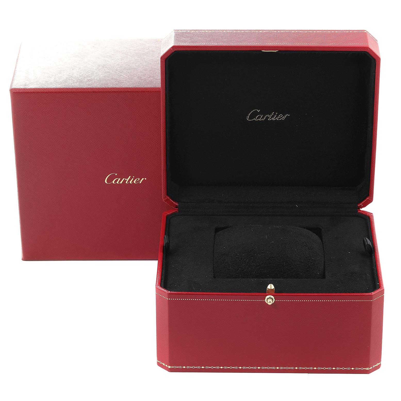 This image shows the open red watch box and exterior packaging for a Cartier Pasha W3020151 Men's Yellow Gold Silver Dial W3020151 Men's Yellow Gold Silver Dial model.