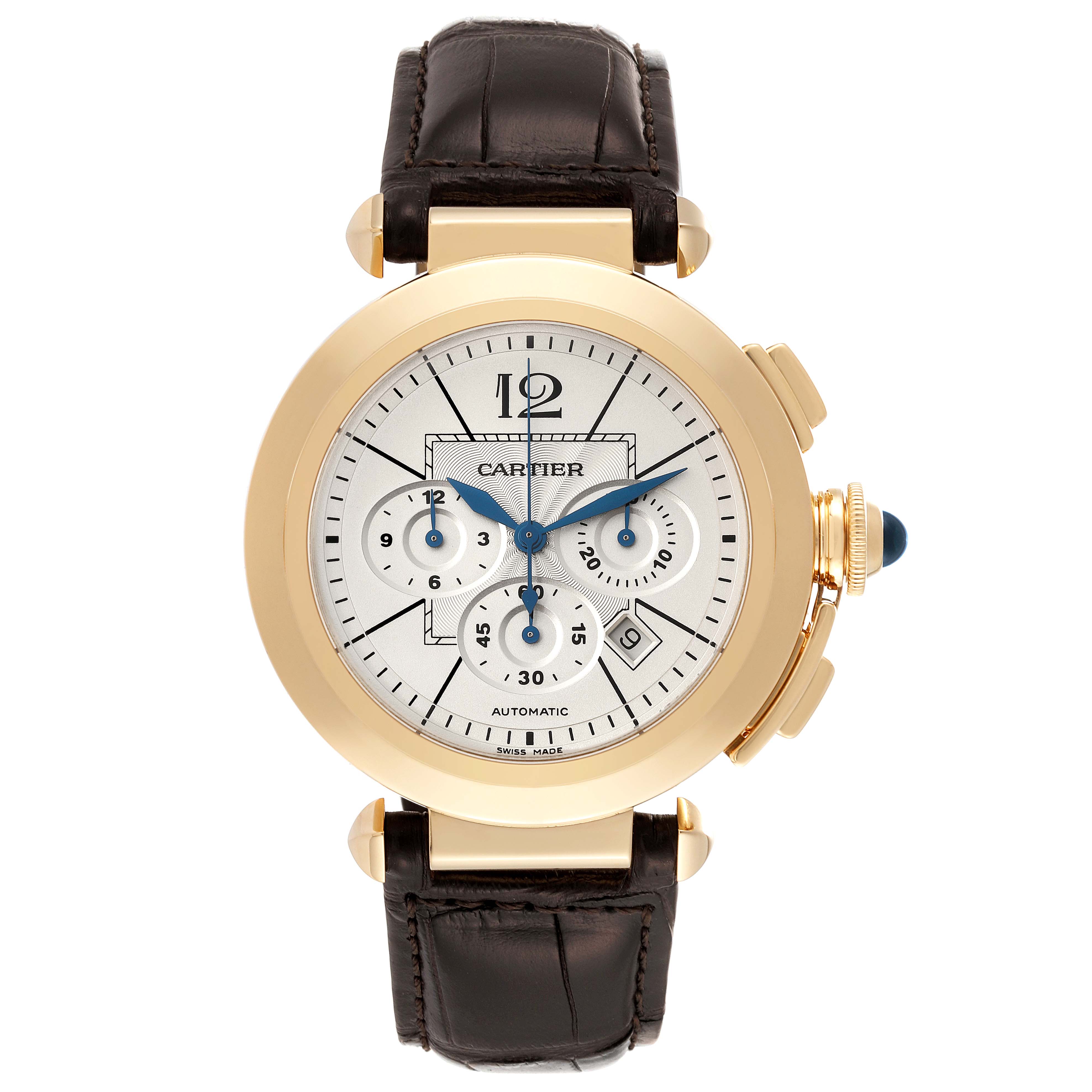This front view of the Cartier Pasha W3020151 Men's Yellow Gold Silver Dial W3020151 Men's Yellow Gold Silver Dial watch shows the face, straps, crown, and chronograph sub-dials.